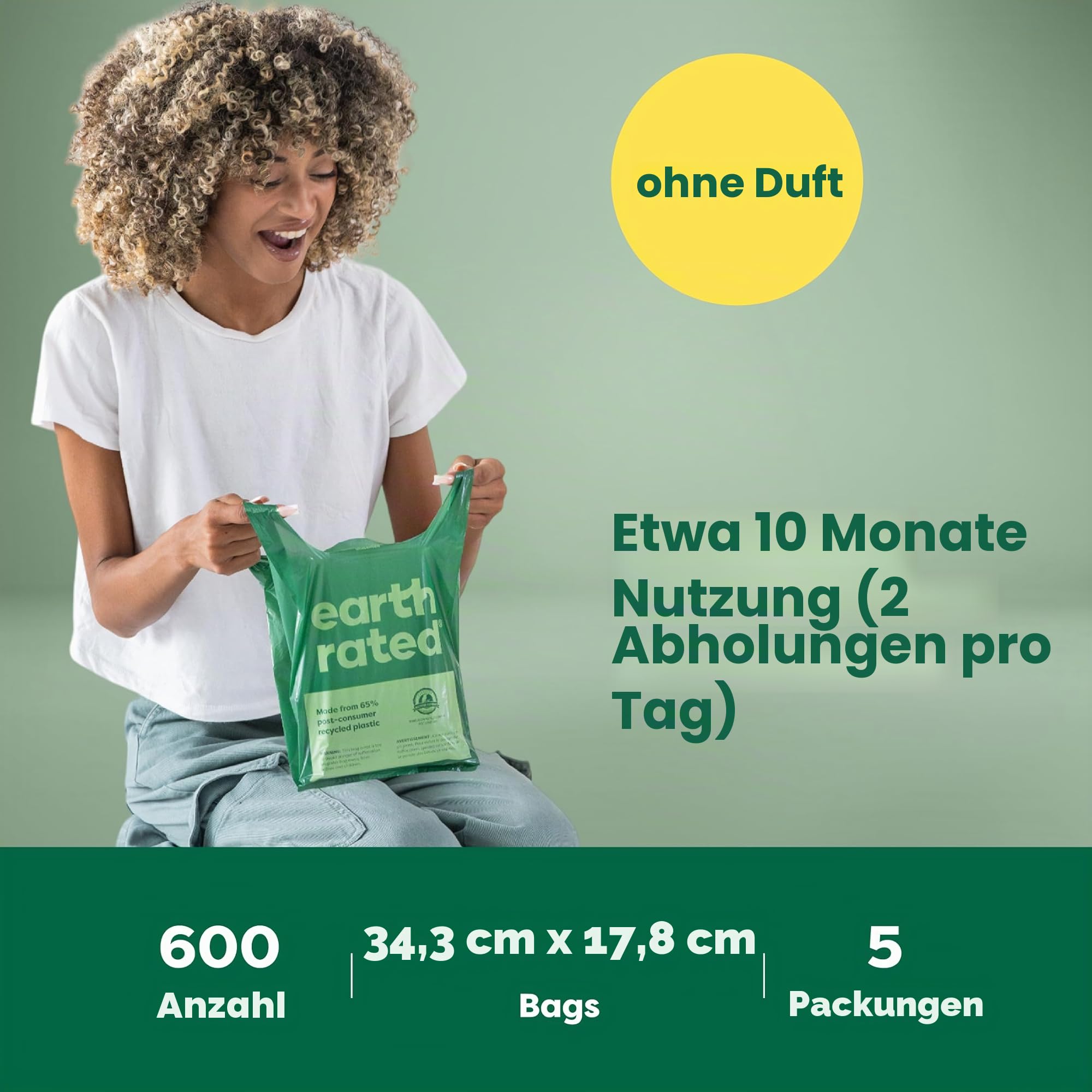 Earth Rated Hundekotbeutel mit Griffen, Vorteilspack, leicht zu binden und garantiert auslaufsicher, geruchlos, 600 Stück