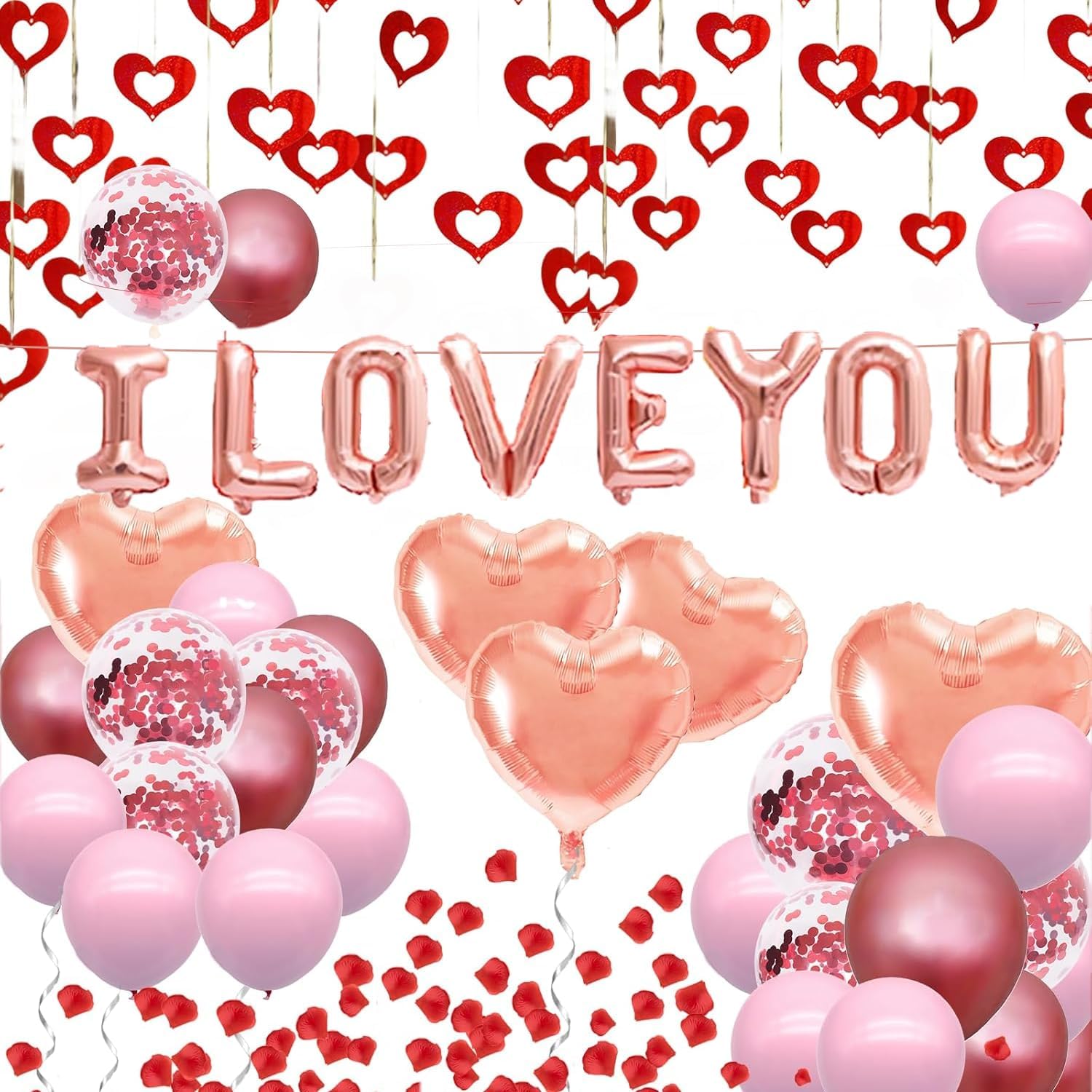 Romantic Valentine's Day Balloons Decorations Set - Heart Shaped and 'I LOVE YOU' Foil Balloon, Pink & Rose Gold & Confetti Latex Balloons, Pendants, and Rose Petals for Wedding Propose Party Favors