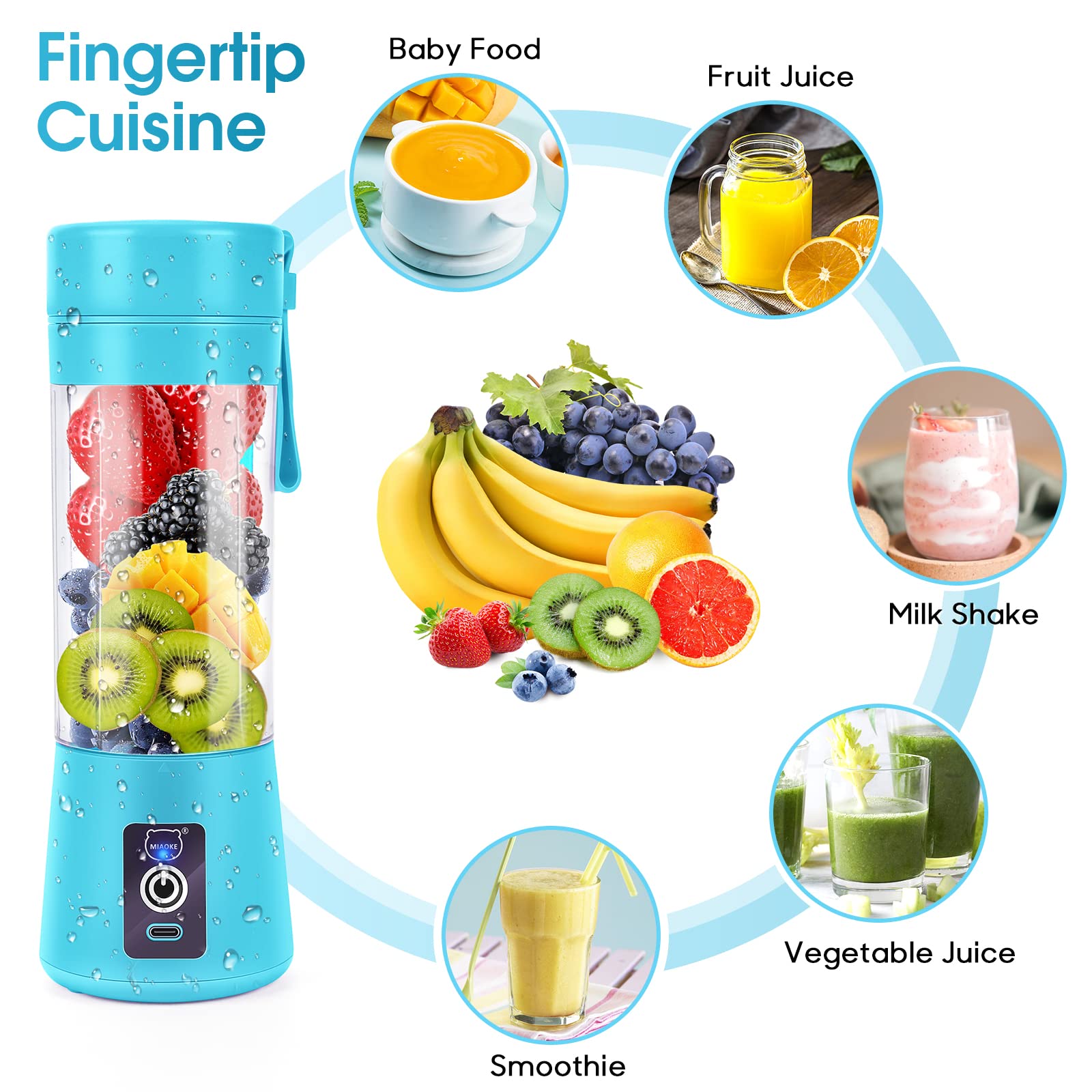 Frullatore portatile per frullati, mini frullatore per succhi con sei lame in 3D, USB ricaricabile Juicer Cup per casa/ufficio/esterno (Blu)
