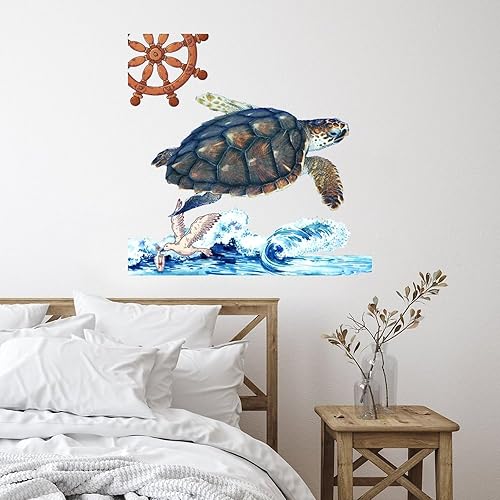 Calcomanías de pared de tortuga marina subacuática con temática náutica de océano, barco, barco, volante, pájaro, espejo, calcomanía de pared,