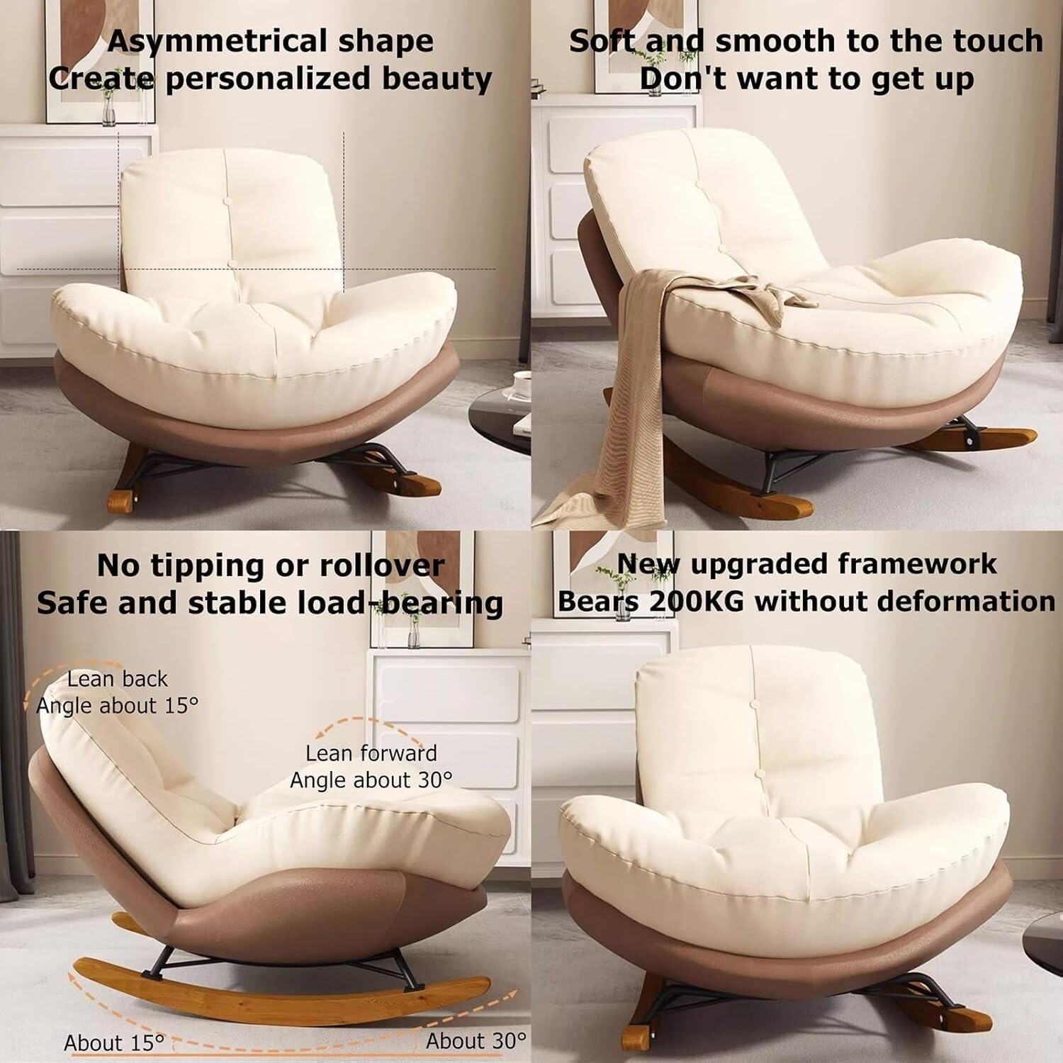 LICOME Rocking Chairs with Ottoman Upholstered Glider Rocker Chair Cushion Padded Seat for Living Room Bedroom(Black Beige Pads)