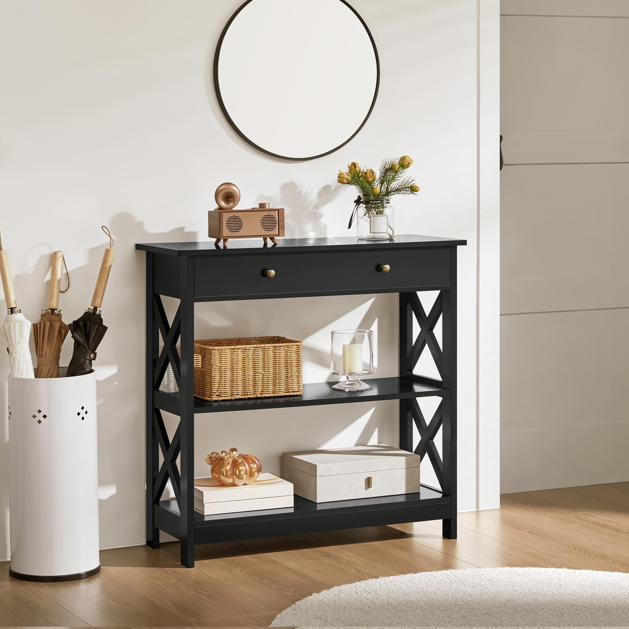 Yaheetech Console Table for Hallway, Slim Entryway Table with Drawer & Shelves, Wood Sofa Table for Small Space, Living Room, 80x30x80cm, Black