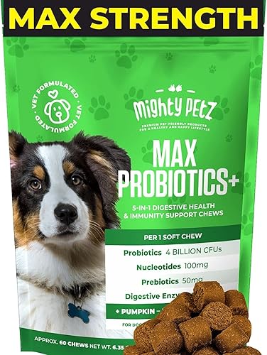 Mighty Petz MAX Probióticos 5 en 1 para perros - 4 mil millones de UFC por masticable + prebióticos + enzimas digestivas + fibra. Apoyo para la