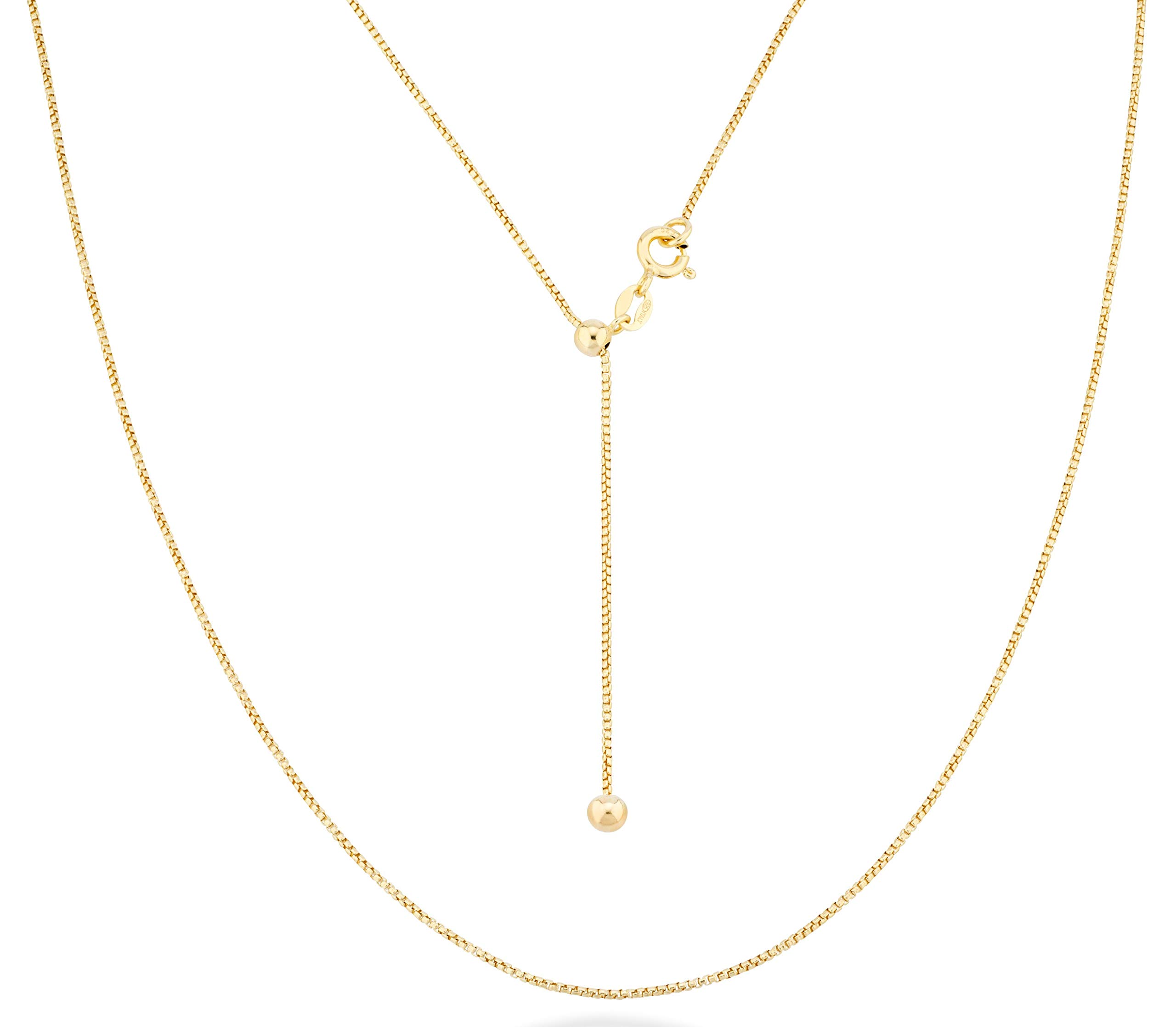 Miabella 925 Sterling Silver or 18Kt Yellow Gold Over Silver Italian 1mm Adjustable Solid Thin Bolo Box Chain Necklace for Women/Slider Chain 14-24 Inch/Made in Italy