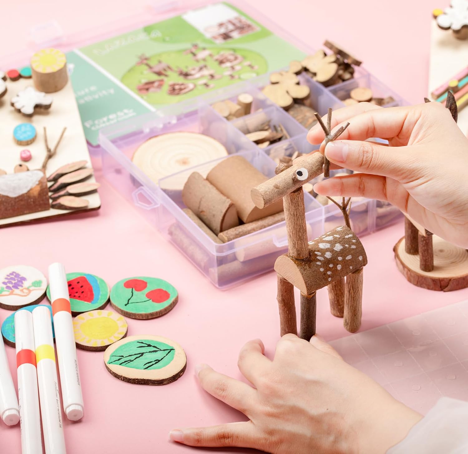 LAZACA Arts and Crafts Kit Wooden Creativity Painting Set for Kids, DIY Loose Part Play Projects Parties Camping Homeschool Supplies, Unfinished Natural Wood Slices Sticks Set for 5+ Size-21X17X4cm