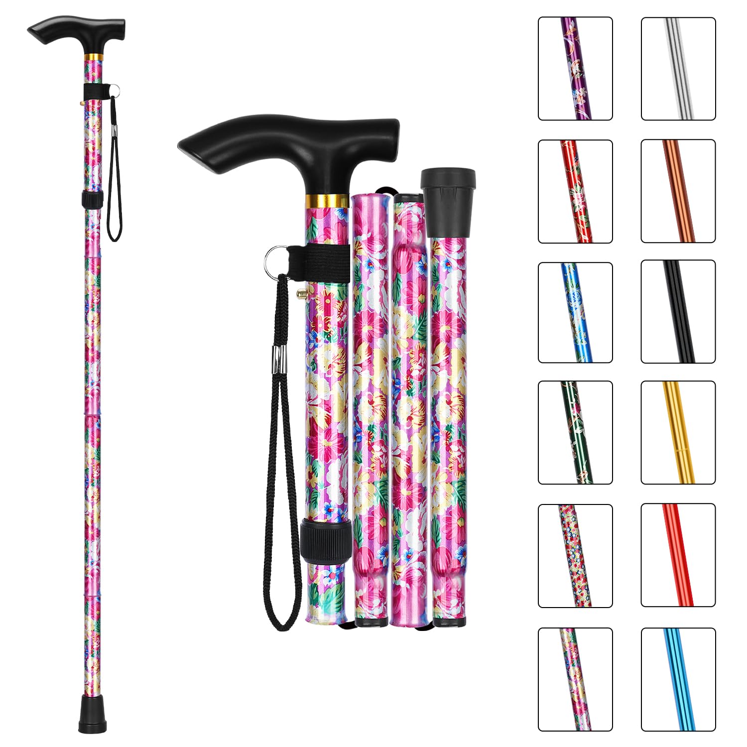 MFE Folding Cane, Portable 5-Level Adjustable Height Walking Stick with Foldable Design, Wrist Strap, and T Handle for Men and Women