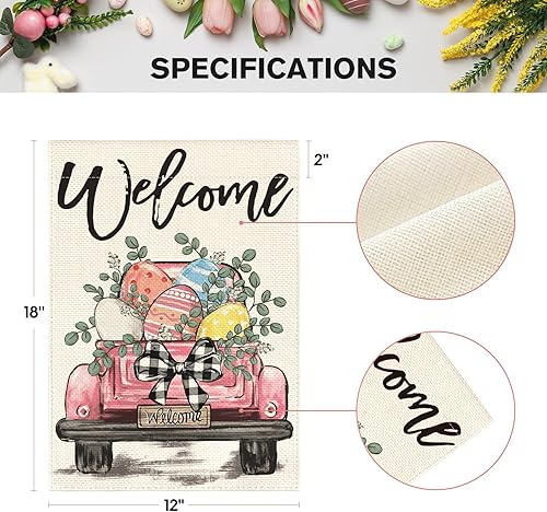 Miniatura 5 de AVOIN colorlife Bandera de jardín de huevos de Pascua de bienvenida de 12 x 18 pulgadas, doble cara, decoración rústica de patio de granja para