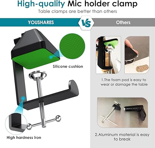 Miniatura 4 de YOUSHAERS - Abrazadera de montaje en mesa, soporte de metal resistente para soporte de brazo de micrófono y soporte de teléfono superior, se adapta