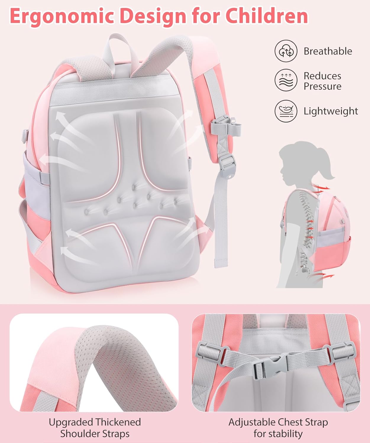 rockpapa 15-Inch Kids Backpack for Boys Girls, Perfect for Early Elementary Daycare School Travel, Ergonimic Design, Padded Back & Adjustable Strap Pink - Image 5