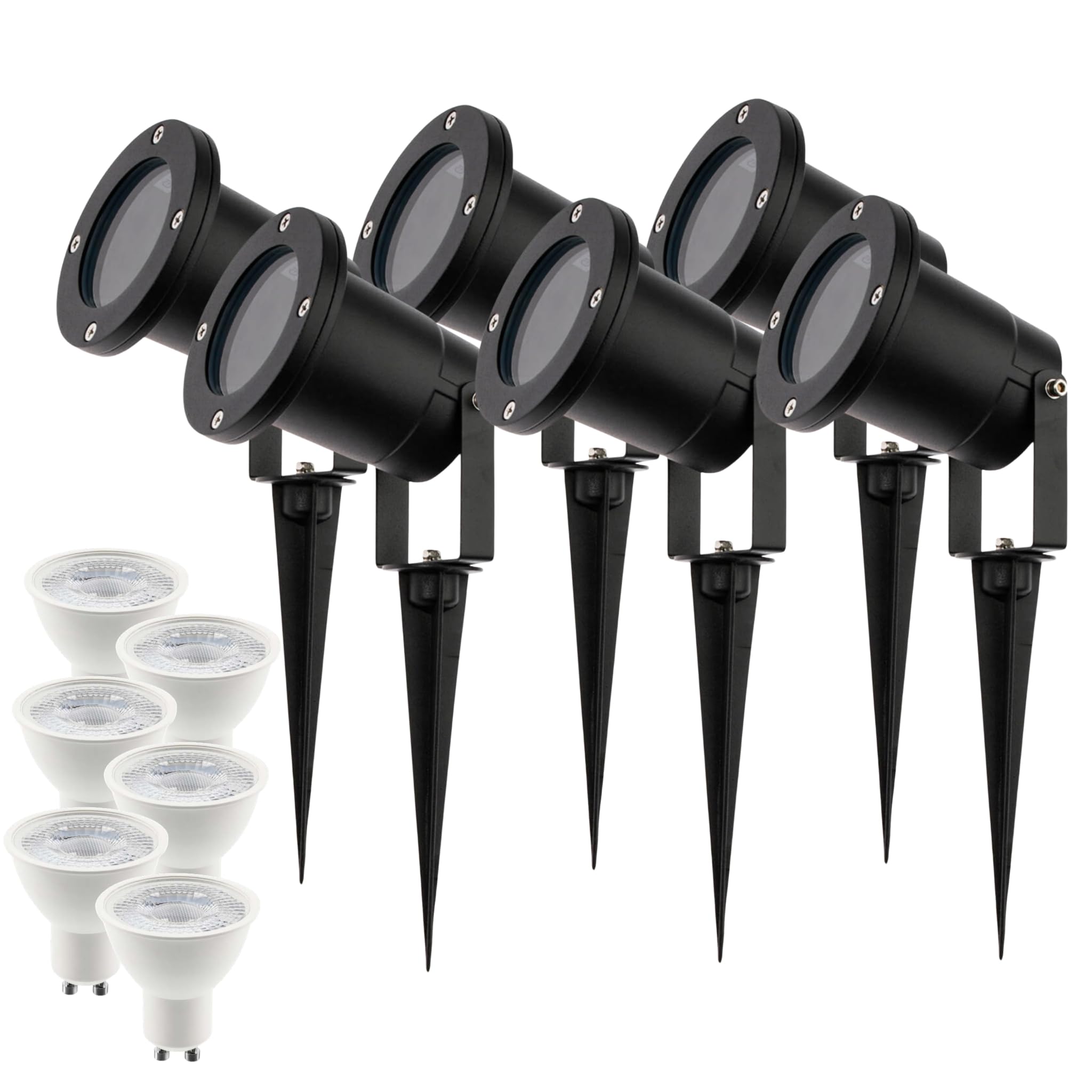 B2C GU10 Outdoor Garden Spike Light IP65 Waterproof Landscape Spotlight Adjustable Ground Light, Max 35W Bulb Included (6, Black, Warm White - 3000K)