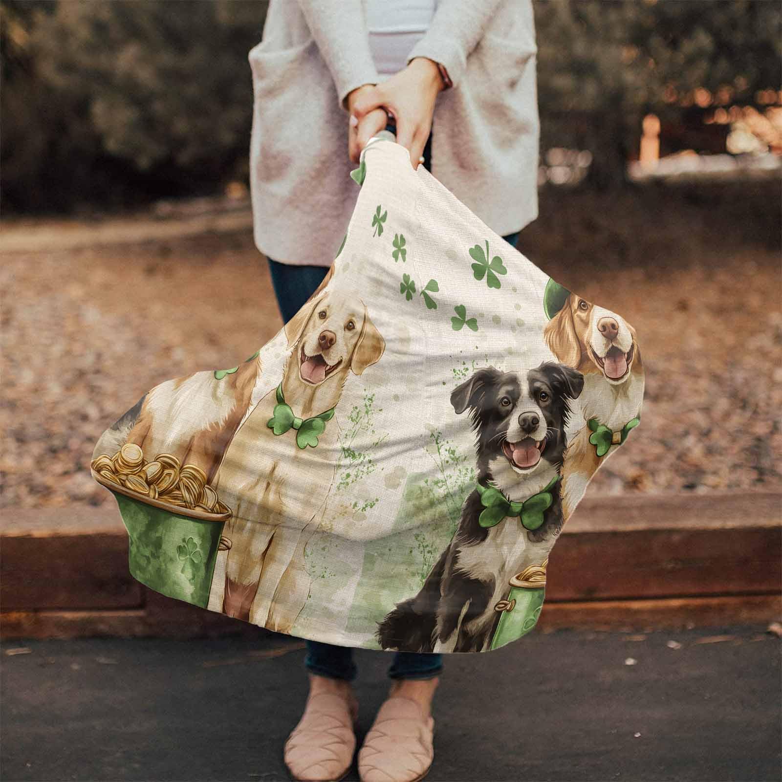 Nursing Cover for Breastfeeding Scarf, Retro St. Patrick's Day Gold Coin Green Top Hat Dogs Baby Car Covers Super Soft Multi Use for Canopy Shopping Cart Cover Blanket Stroller Cover