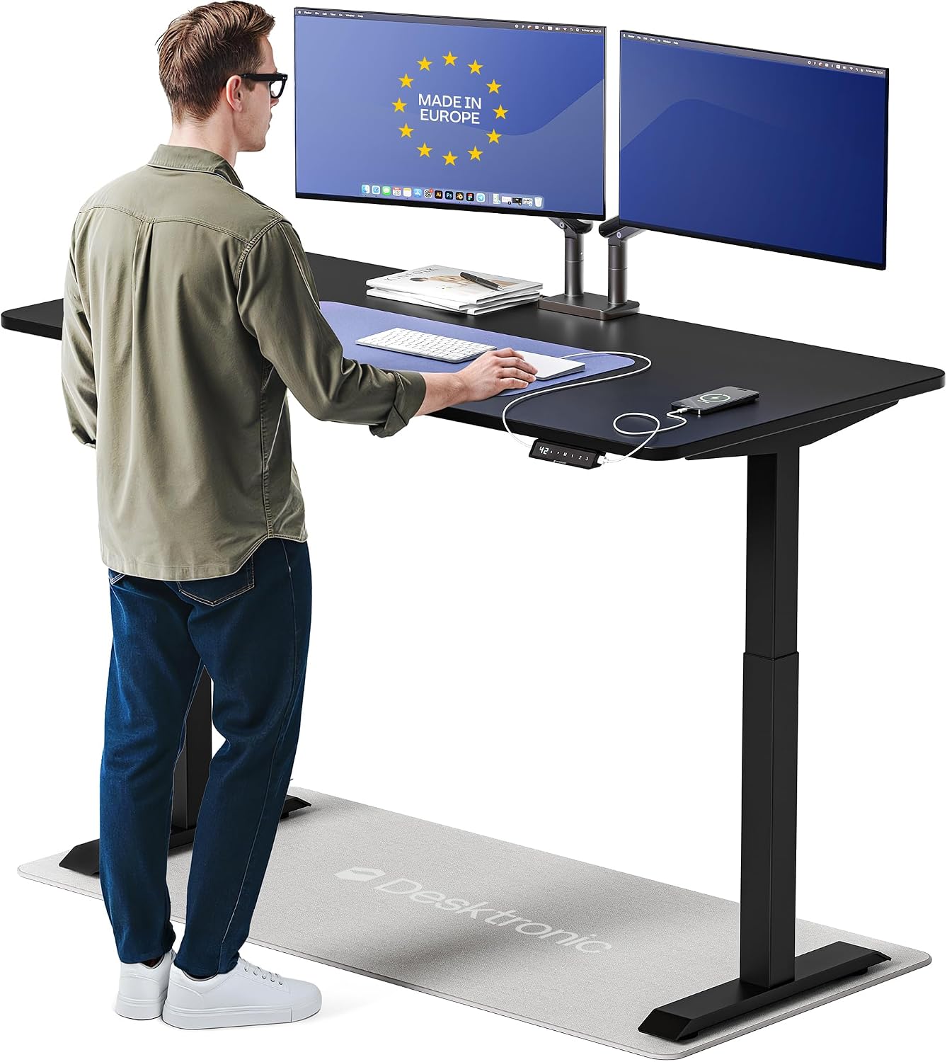Desktronic HomeOne Standing Desk 60x30 — Ergonomic Sit Stand Home Office Desk, Made in Europe, Electric Dual Motor Height Adjustable, USB & USB-C Charging, Wobble-Free, Touchscreen, 3 Memory Presets