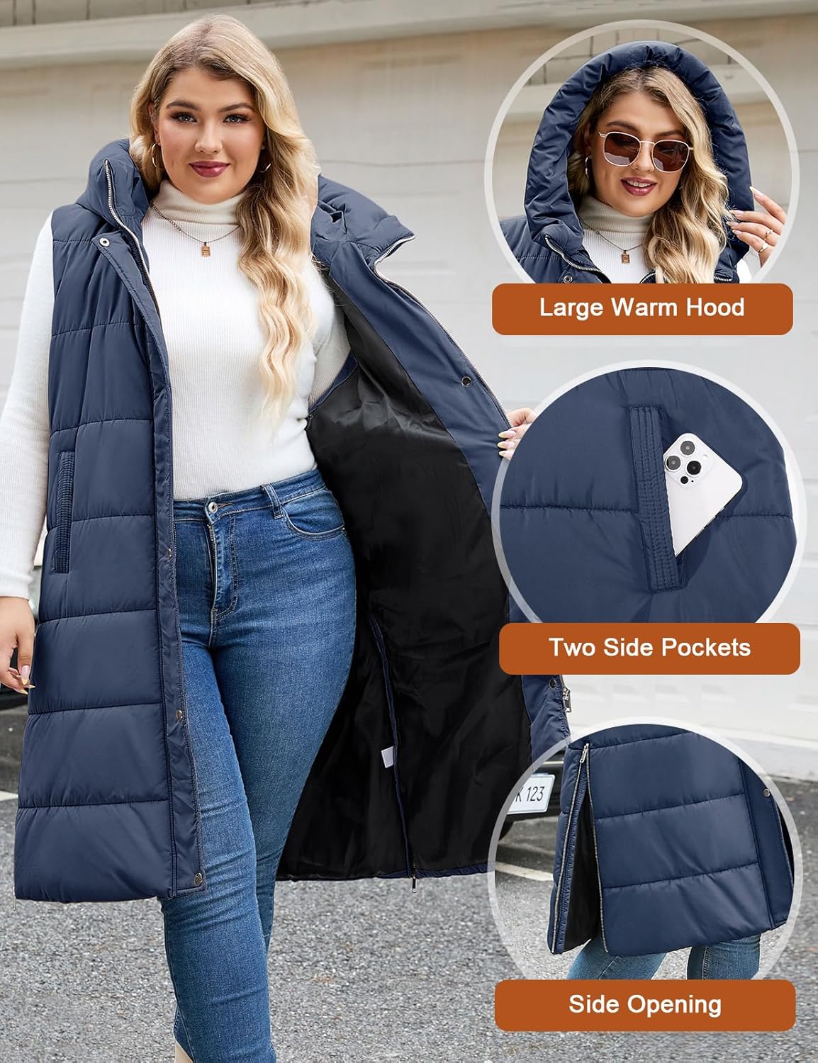 Plus Size Long Puffer Vest Women Winter Sleeveless Puffy Jacket with Hood Zip Up Quilted Vest 2025 - Image 3