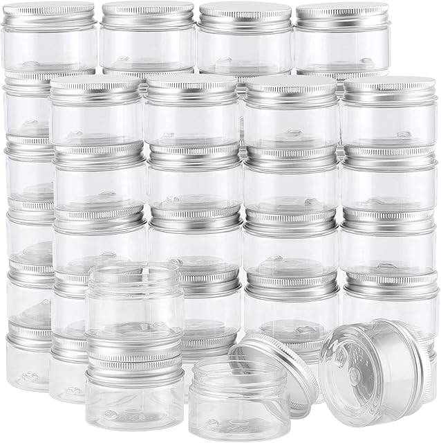 SINJEUN 40 PCS 30ml Clear Plastic Cosmetic Jars with Lid, Mini Plastic Sample Jar, Plastic Clear Storage Containers Travel Jars for Creams, Glitter, DIY Small Arts Crafts, 32mm x 50mm
