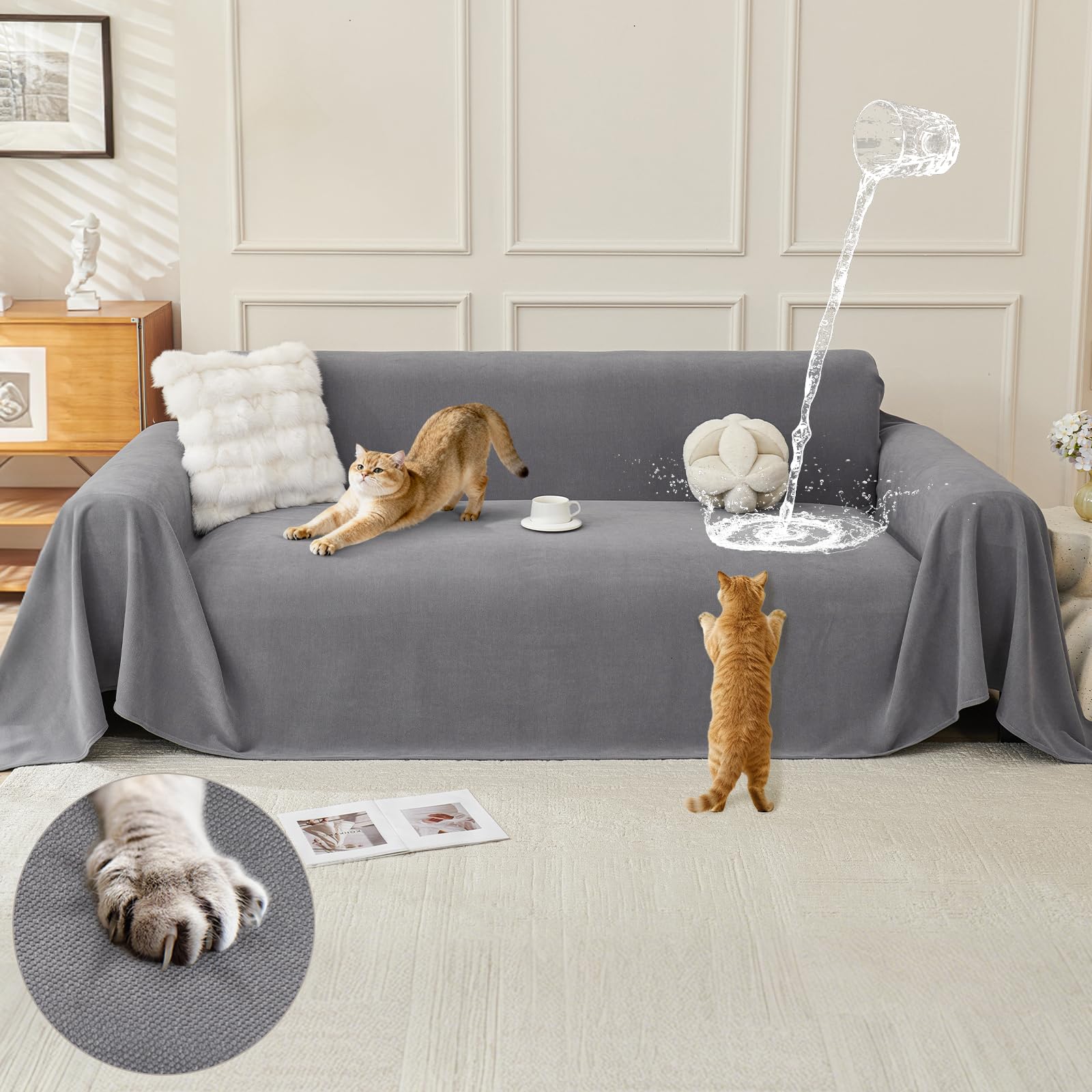 OstepDecor Water Resistant Sofa Cover 3 Seater - Heavy Duty Cat Scratch Resistant Sofa Cover for Dogss, Non-Slip Pet Furniture Protector, Washable Loose Settee Cover (180x300cm, Dark Grey)