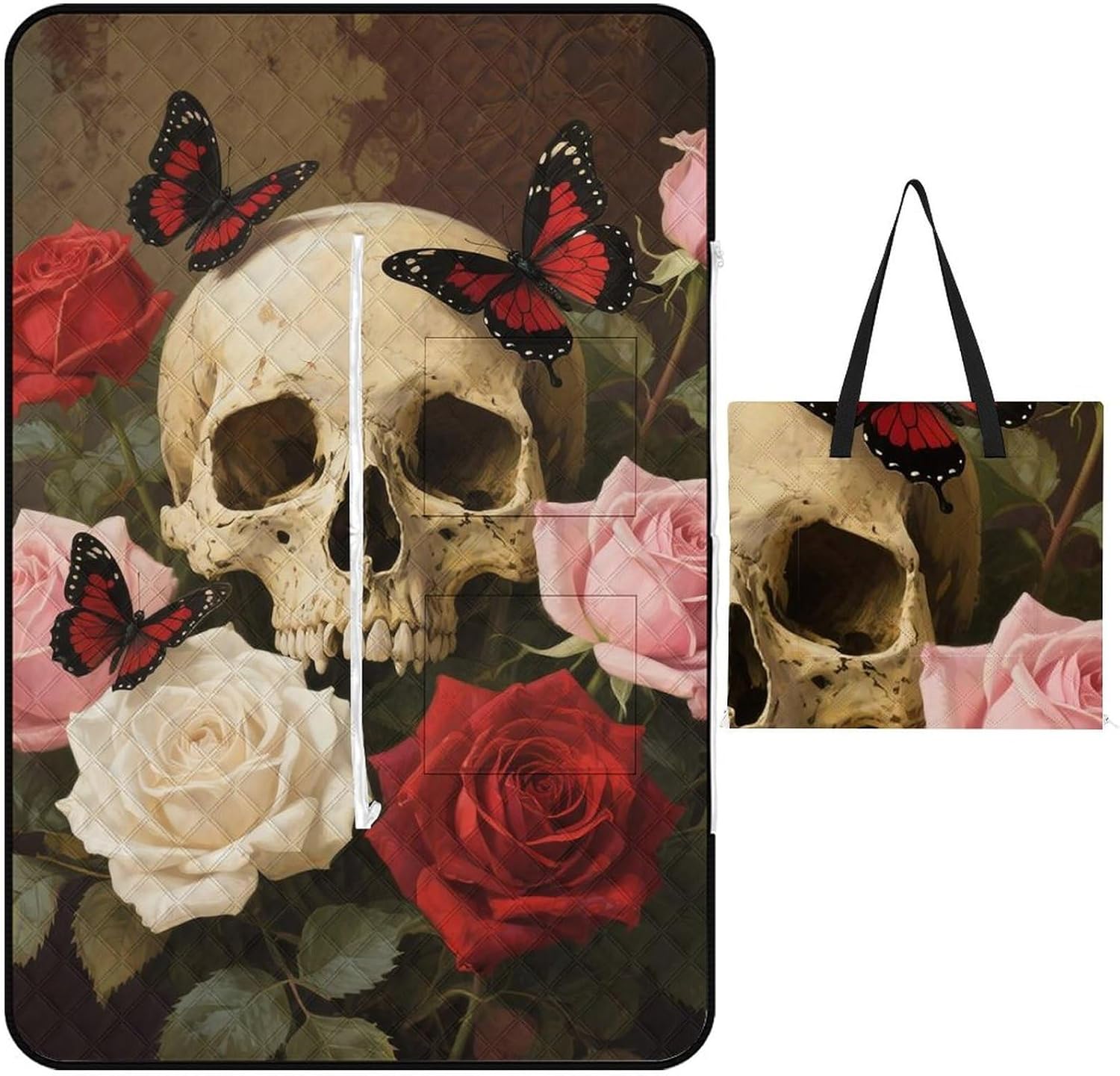 Rose Skull Picnic Blanket 200x200cm, Foldable 2-in-1 Picnic Mat and Tote Bag Portable Waterproof Beach Mat Sandproof Outdoor Blanket for Park, Hiking, Beach, Camping, Travel