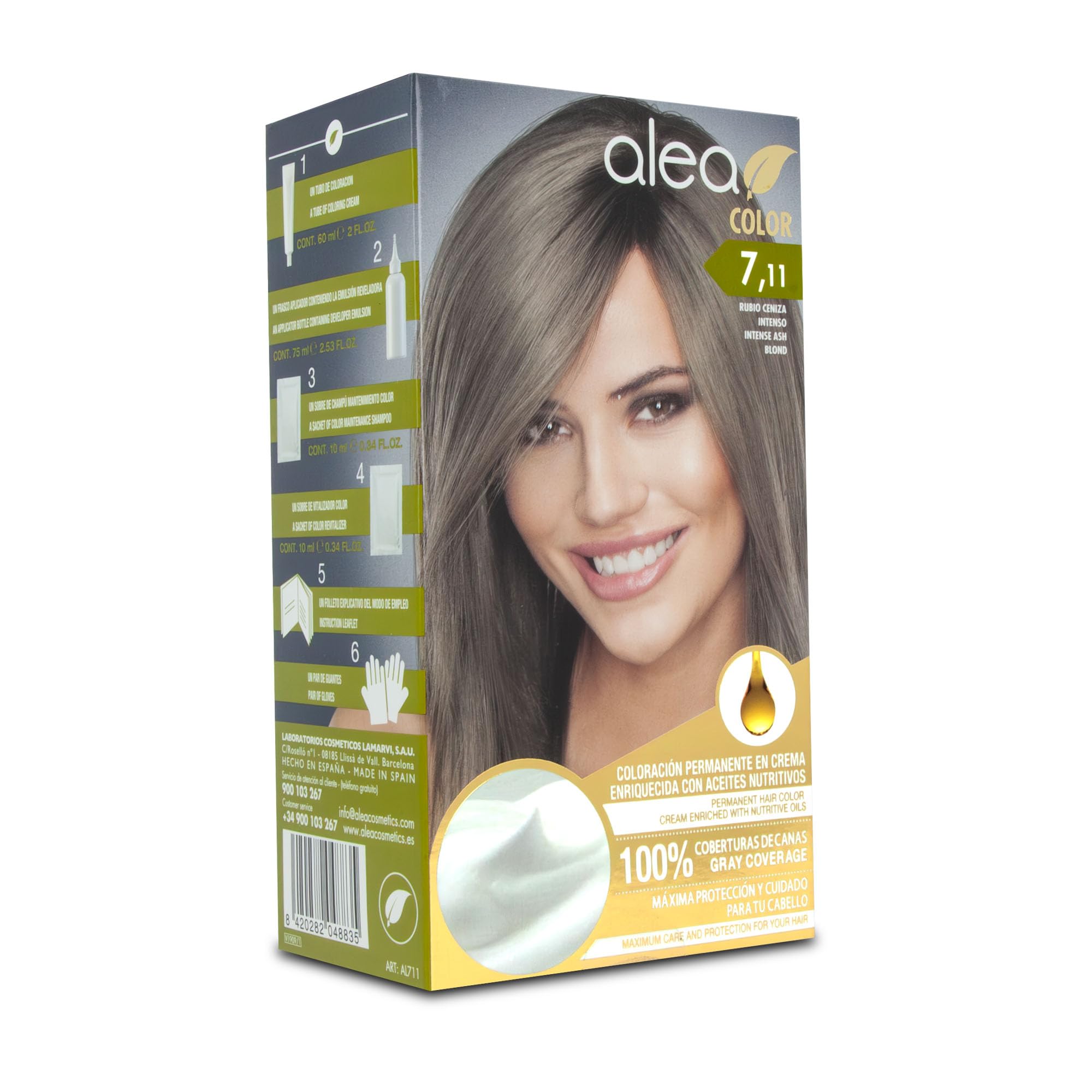 ALEA - Tinte Pelo Mujer - Alea Color - Nº 7.11 K - Color Rubio Ceniza Intenso - Coloración Permanente en Crema - con Aceite de Argán y Macadamia - Cobertura de Canas - Máxima Protección y Cuidado