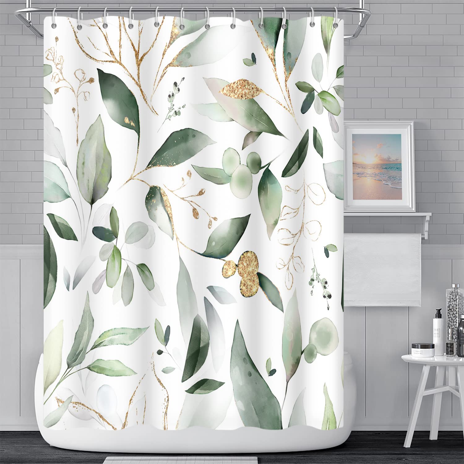 Abstract Eucalyptus Leaves Shower Curtains Sage Green Gold Branches Leaf Nature for Bathroom Farmhouse Style Home Decor Waterproof Polyester Fabric Shower Curtain with Hooks, 72x96 Inch