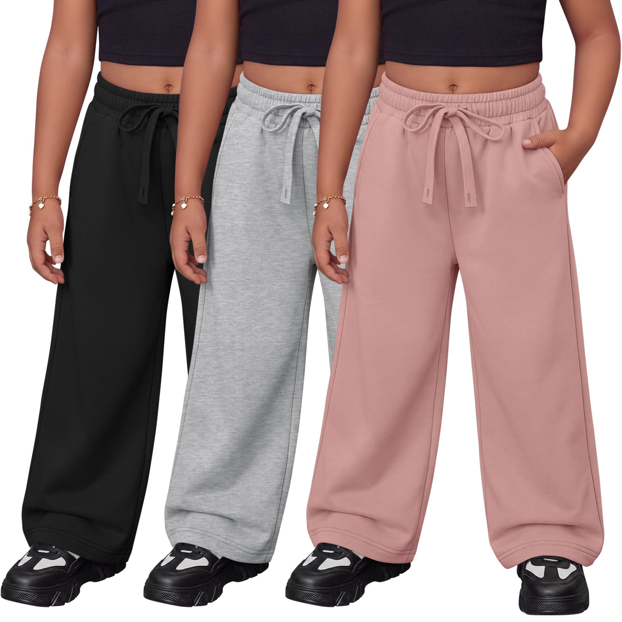 Photo 1 of Ficerd 3 Pack Toddler Girls' Wide Leg Sweatpants 18M-5T High Waist Loose Pants Baby Drawstring Baggy Bottoms with Pockets(5T,Black, Light Heather Gray, Light Pink)