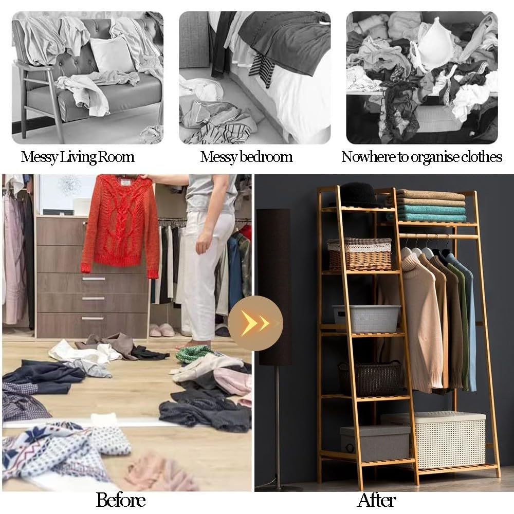 Bamboe kapstok - vrijstaand kledingrek met 7 planken en bovenstang voor het ophangen van kleding - open kledingkast voor slaapkamer voor maximaal 220 lbs