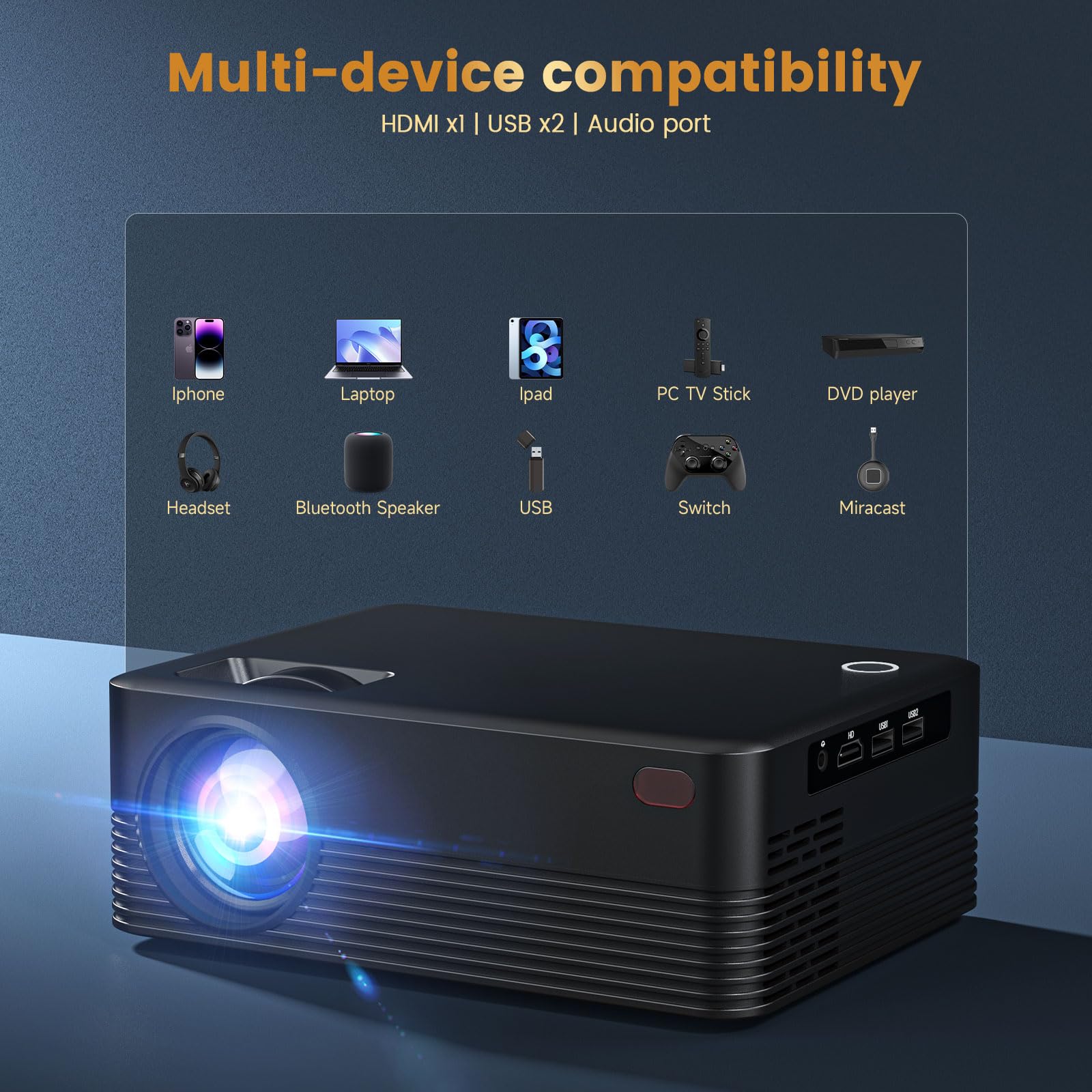 Mini proiettore portatile, proiettore Bluetooth 1080P con schermo, proiettore cinematografico compatibile con iOS/Android/Windows/TV Stick/Box/USB/HDMI, nero