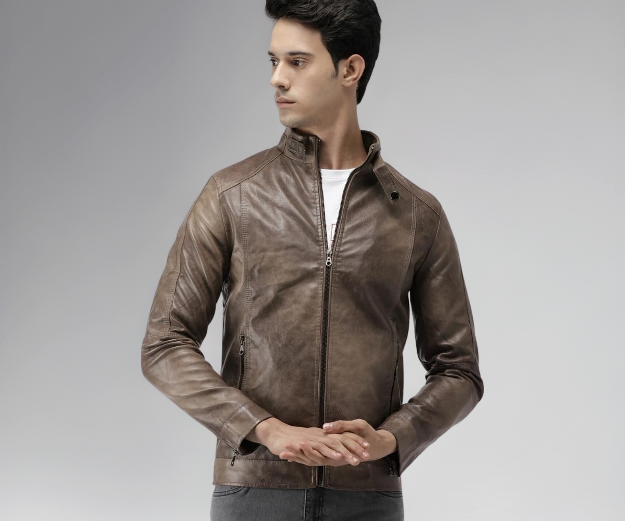 The Indian Garage Co Pu Men Slim Fit Solid Biker Standard Length Jacke