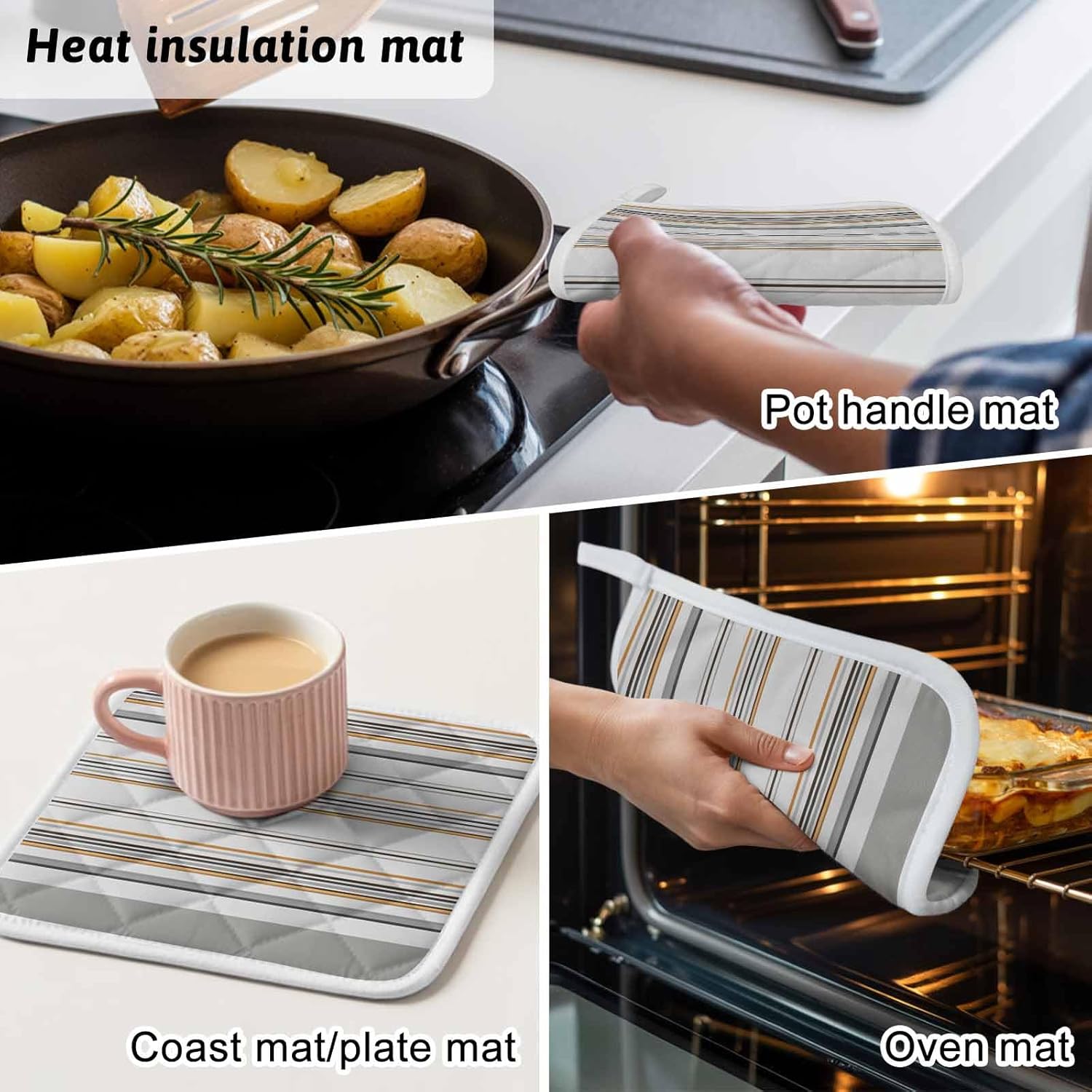 5 Pack Pot Holders for Kitchen, Grey Orange Thin Line Hot Pads for Kitchen Countertops Oven Pot Holder Bulk, Geometric Gray Stripes Heat Insulation Potholders with Hanging Loops