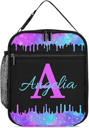Miniatura 9 de Bolsa de almuerzo con nombre personalizado para hombres y mujeres, con monograma de purpurina azul, hielera, portátil, con nombre, para niñas, azul