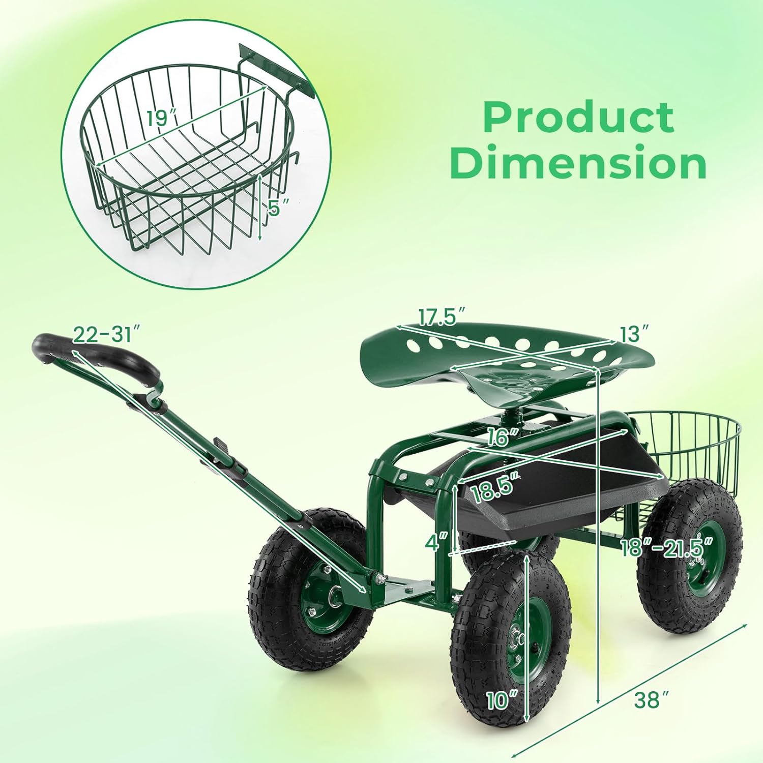 Garden Seat with Wheels, Rolling Stool with Extendable Handle, Storage Basket & Tool Tray, Garden Scooter with 360 Degree Swivel Seat for Outdoor & Yard (Green)