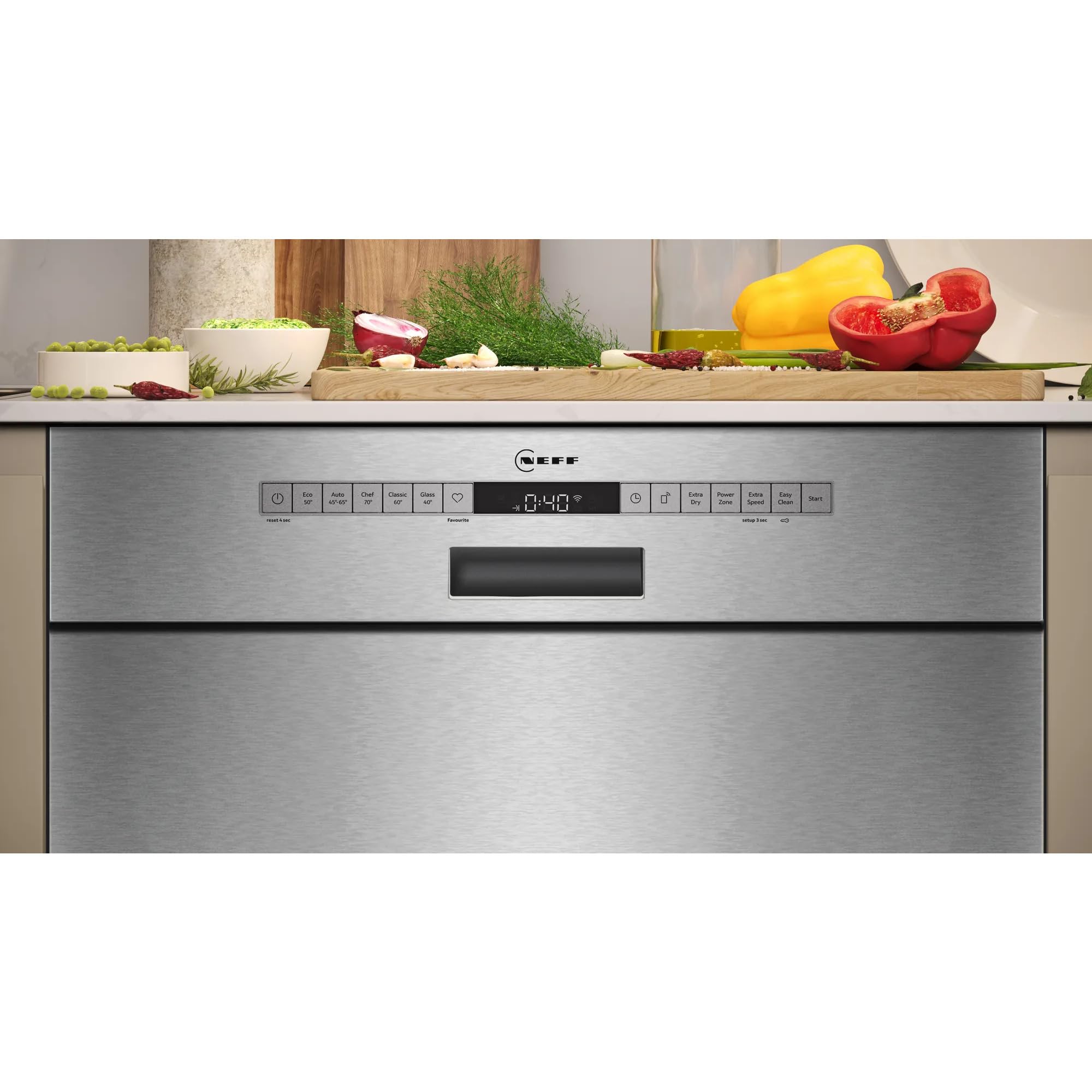 NEFF S125ECS15E, N 50, Lavavajillas empotrables inteligentes de 60 cm, fabricado en Alemania, cajón para cubiertos, muy silencioso, Open Dry, limpieza potente con Chef 70°C, Aqua Stop, acero cepillado