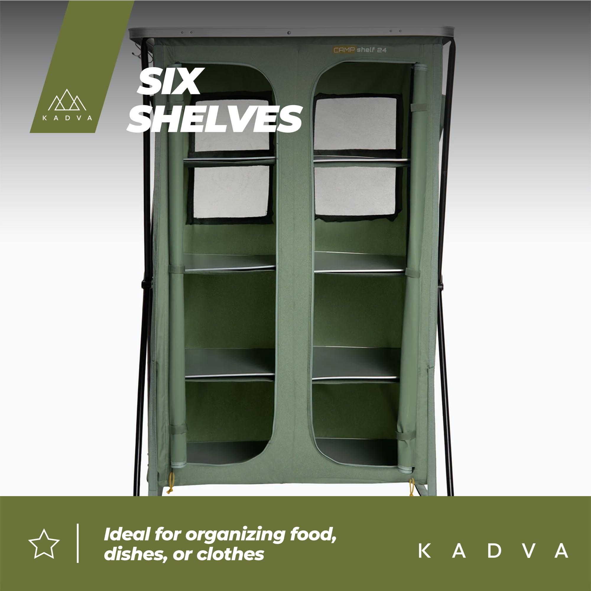 KADVA Camping Schrank CAMPShelf 24 Maße 66,5x90x139 cm Campingschrank aus strapazierfähigem Material Leichte und stabile Konstruktion Einfach aufzubauen und zu transportieren Farbe Grün