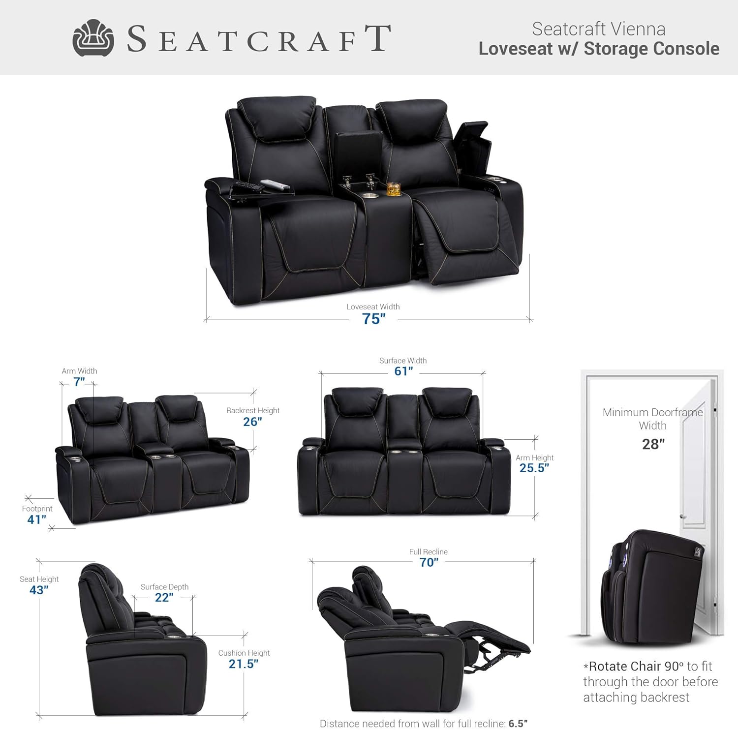 Diagram showing dimensions of the Seatcraft Vienna Loveseat, including width, height, depth, and minimum doorway width for installation.