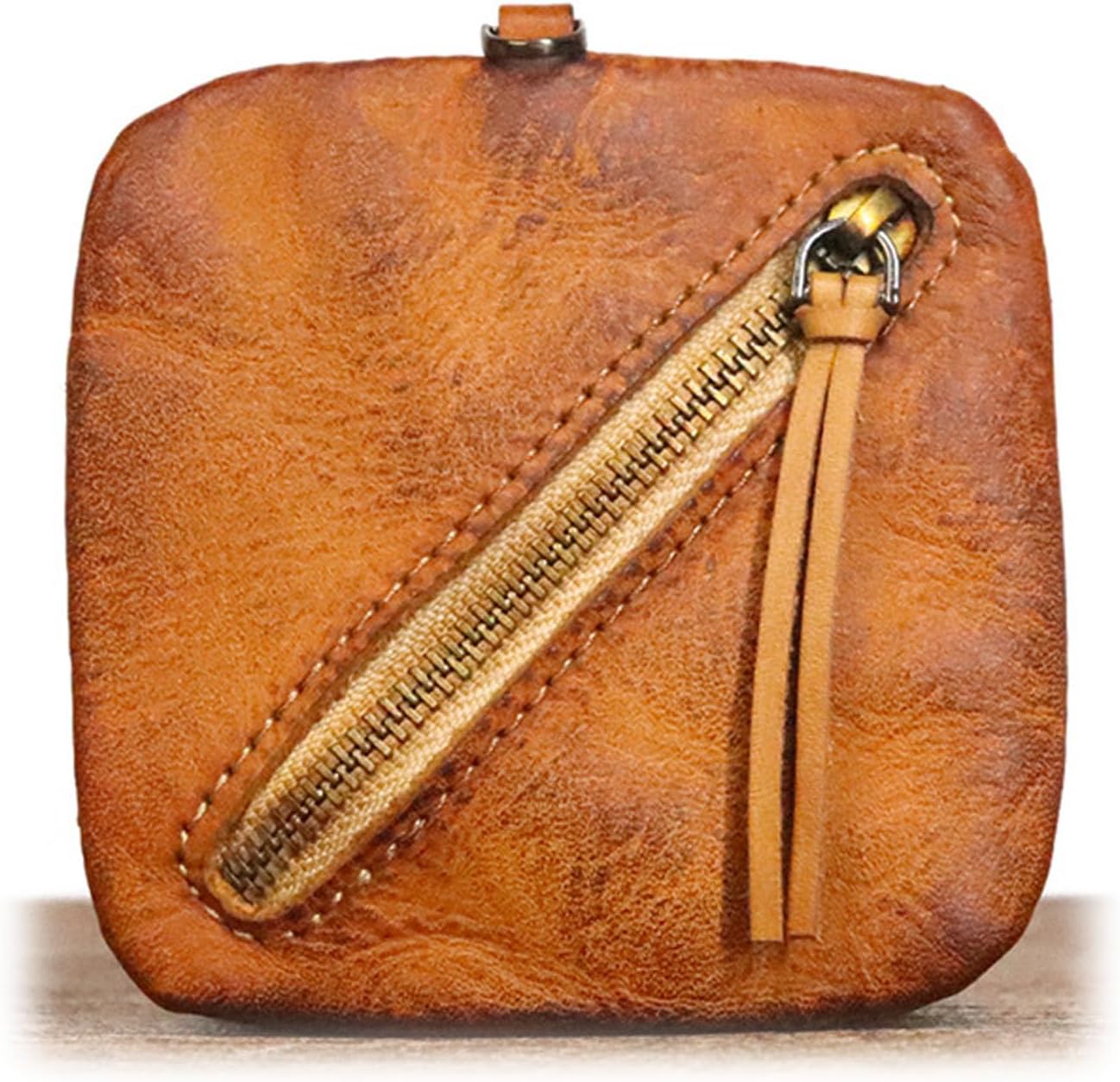 Square Leather Coin Pouch – Small Change Holder with Zipper, Vintage Brown Mini Coin Purse for Men Women, 3.54x3.54 Inch