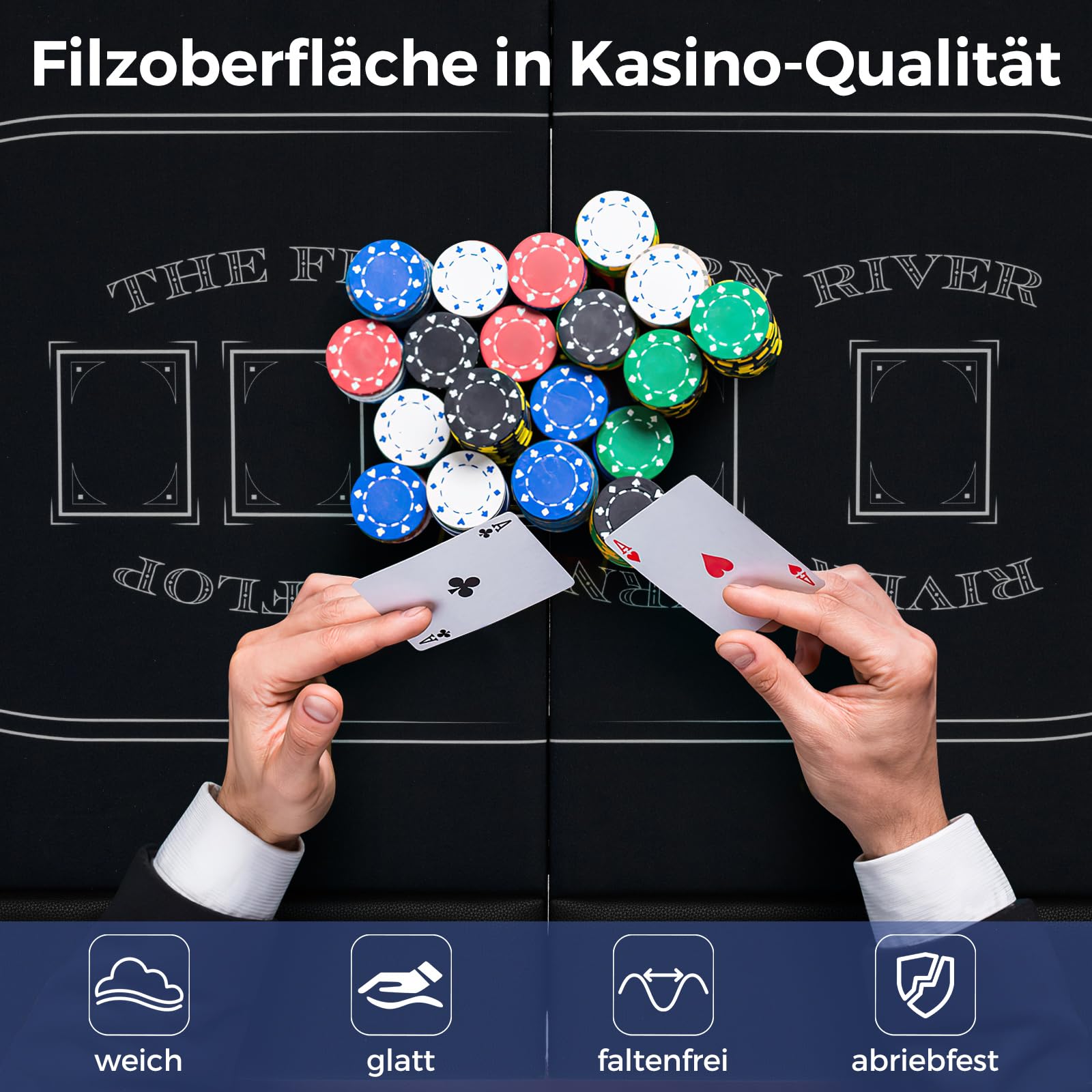 DREAMADE Faltbarer Pokertisch für 8 Spieler, Poker Table mit Getränkehalter, Metall-Rahmen 182 x 82 x 75 cm Schwarz