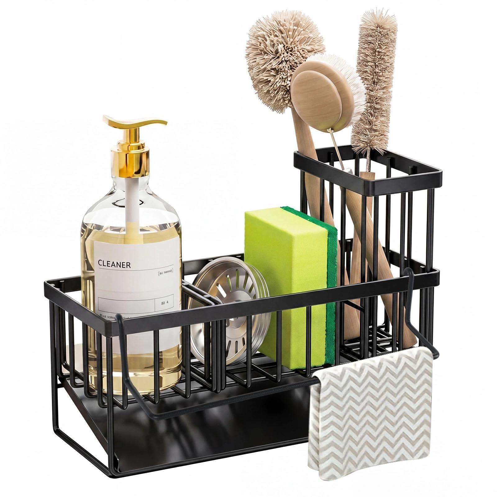 Dexpally Sink Caddy Kitchen Sink Tidy Organiser with Tilted Drip Tray, Brush Holder, Stainless Steel Sponge Holder with Divider for Countertop (Black)