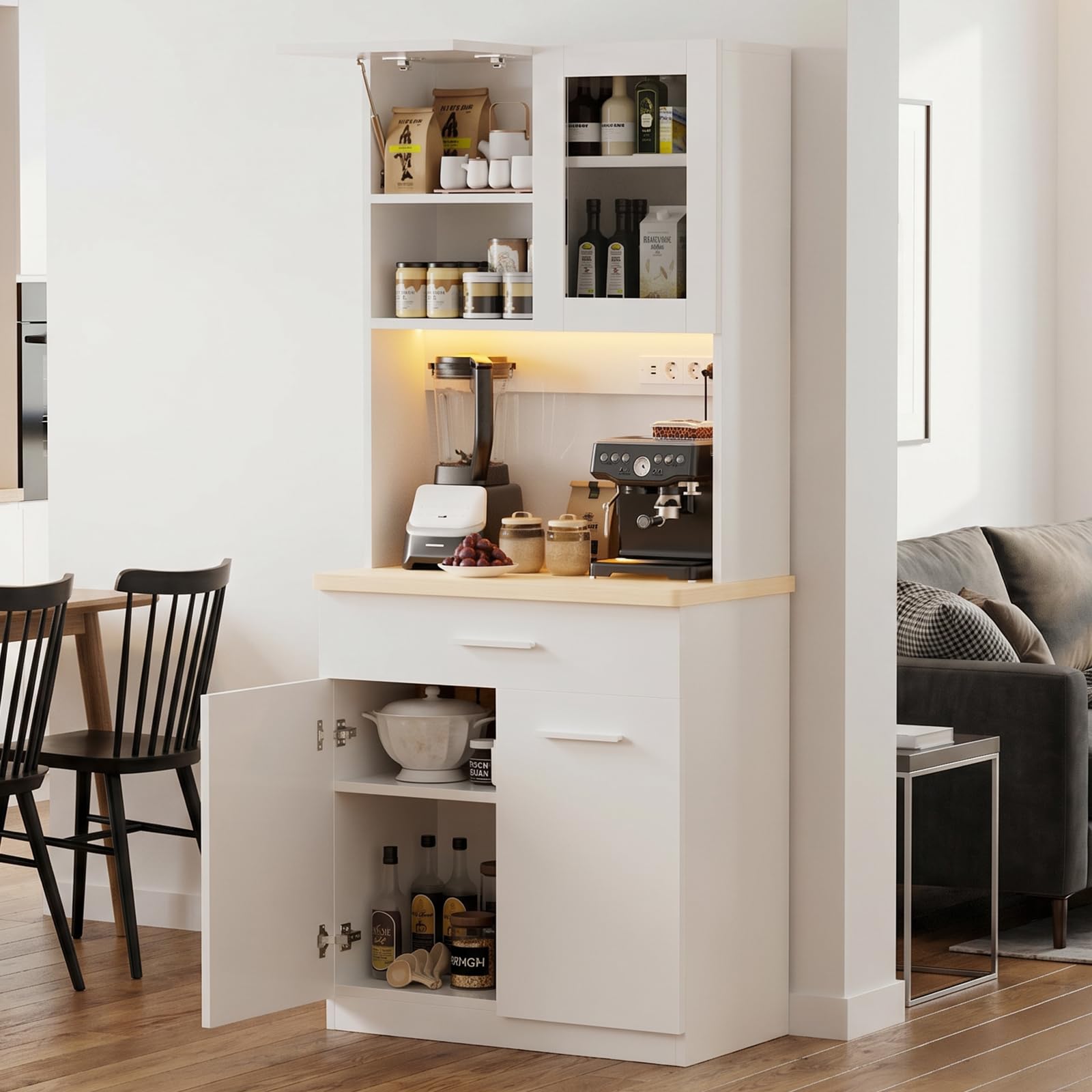 Devoko Mobile da cucina con piano di lavoro e presa elettrica, Credenza buffet LED con chiusura ammortizzata, Dispensa altezza regolabile con pannello posteriore rinforzato (Bianco)