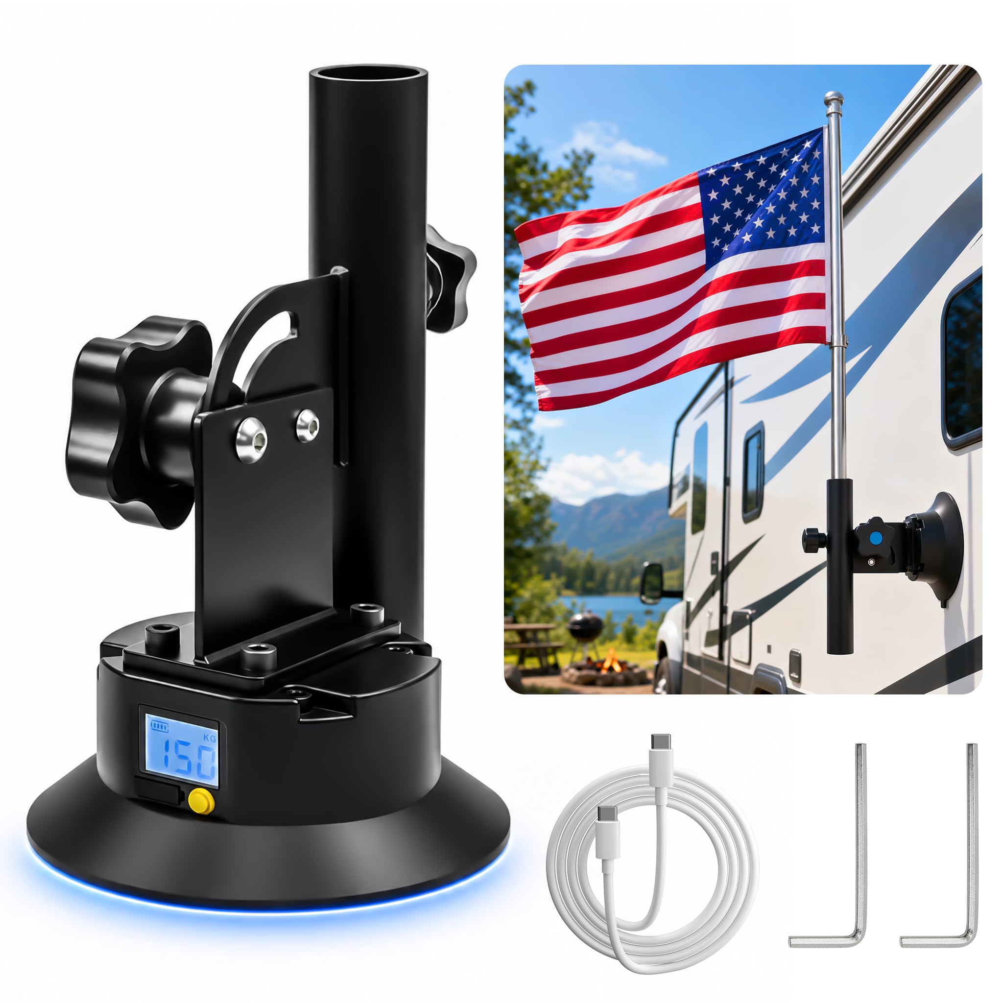 Photo 1 of CenfeiTooL Suction Cup Flag Mount - Electric Suction Cup Flag Holder for Car, RV, Truck, Trailer, Boat. Rv Flag Pole Holder with Electric Suction Cup, 5.7" Large Cup, 300lb+ Load, 0-90° Adjustable, Fits 0.6-1.2" Poles