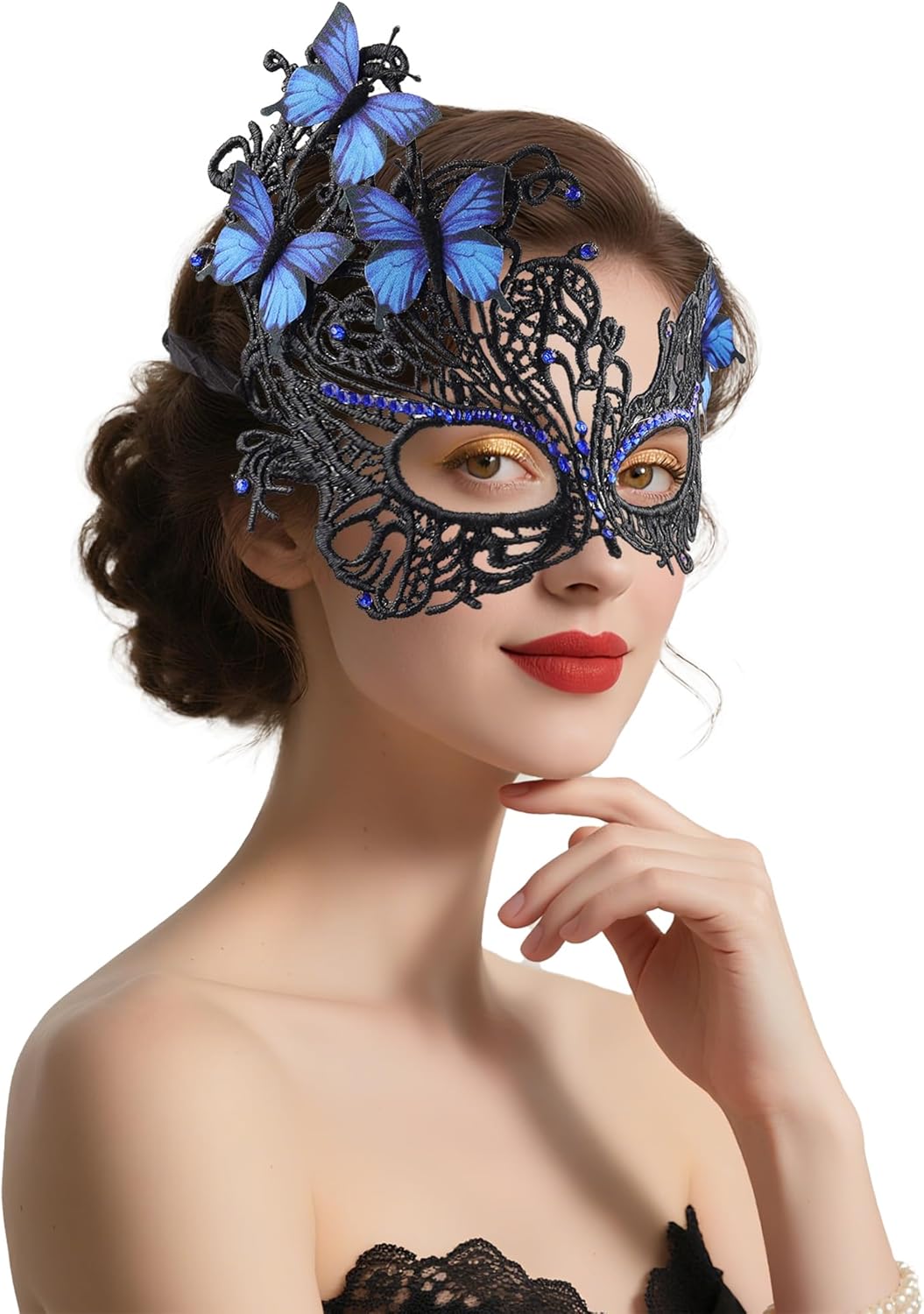 SAFERIN Halloween Lace Masquerade Mask & Gloves Set for Women Venetian Butterfly Eyemask with Rhinestones - Image 2