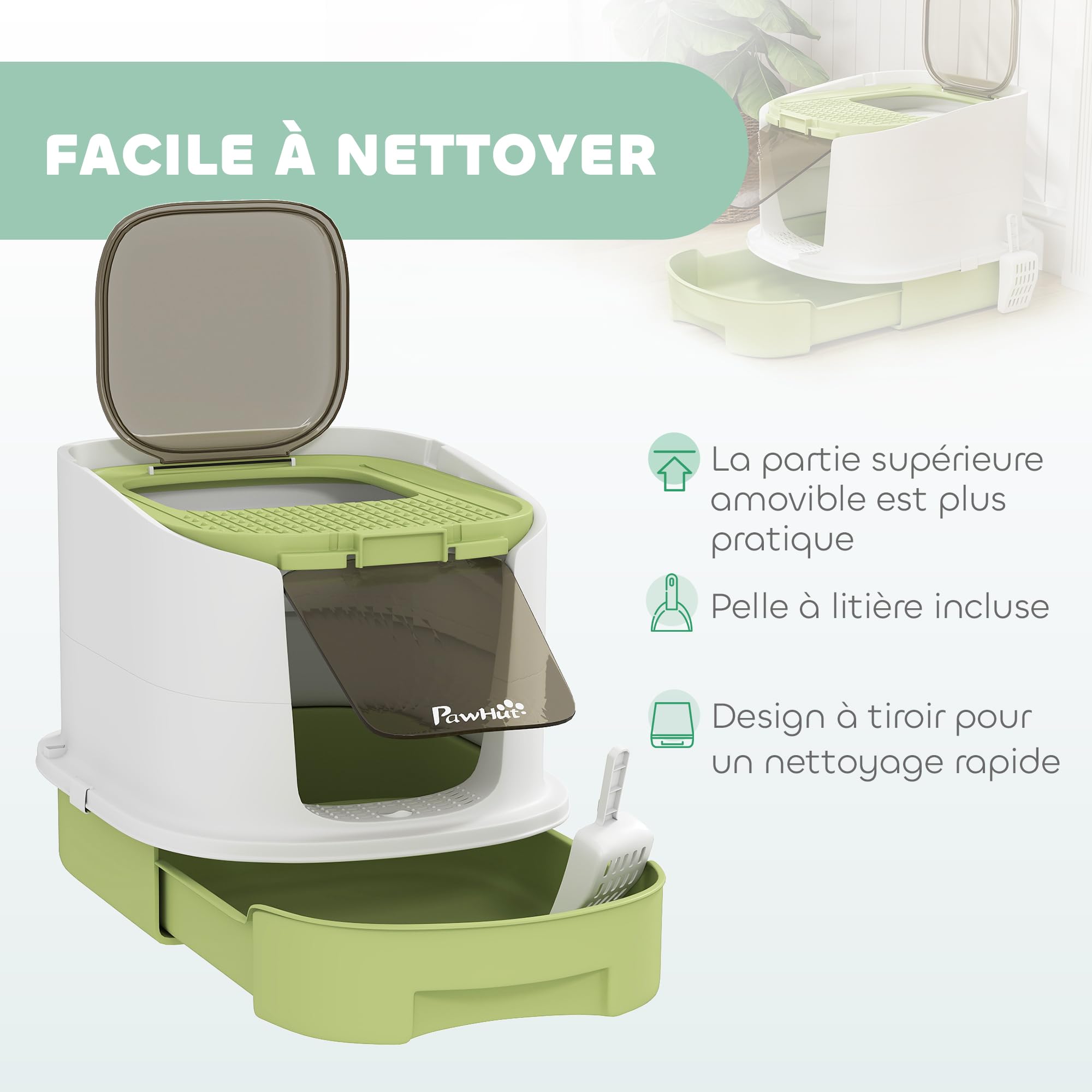 PawHut Maison de Toilette pour Chat Bac à Litière Fermé avec Pelle Vert