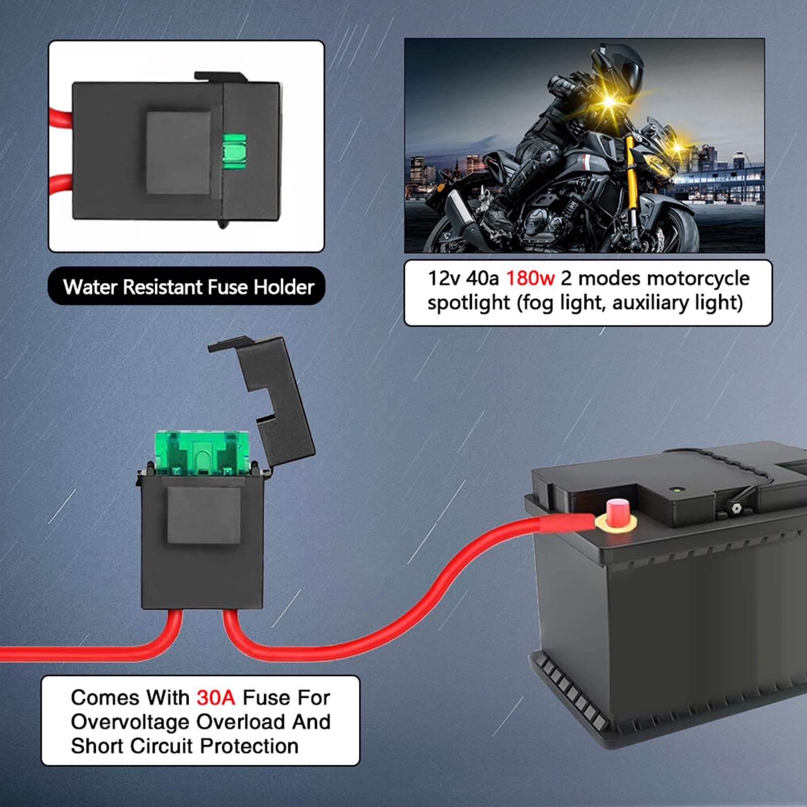 HUIOP Kit Cablaggio per Motocicletta,Kit Cablaggio Barra Luminosa a LED, 180W 3 Cavi 16 AWG LED Cablaggio Moto con relè 12V 40A e Interruttore di Controllo per Passare da Una modalità all'altra