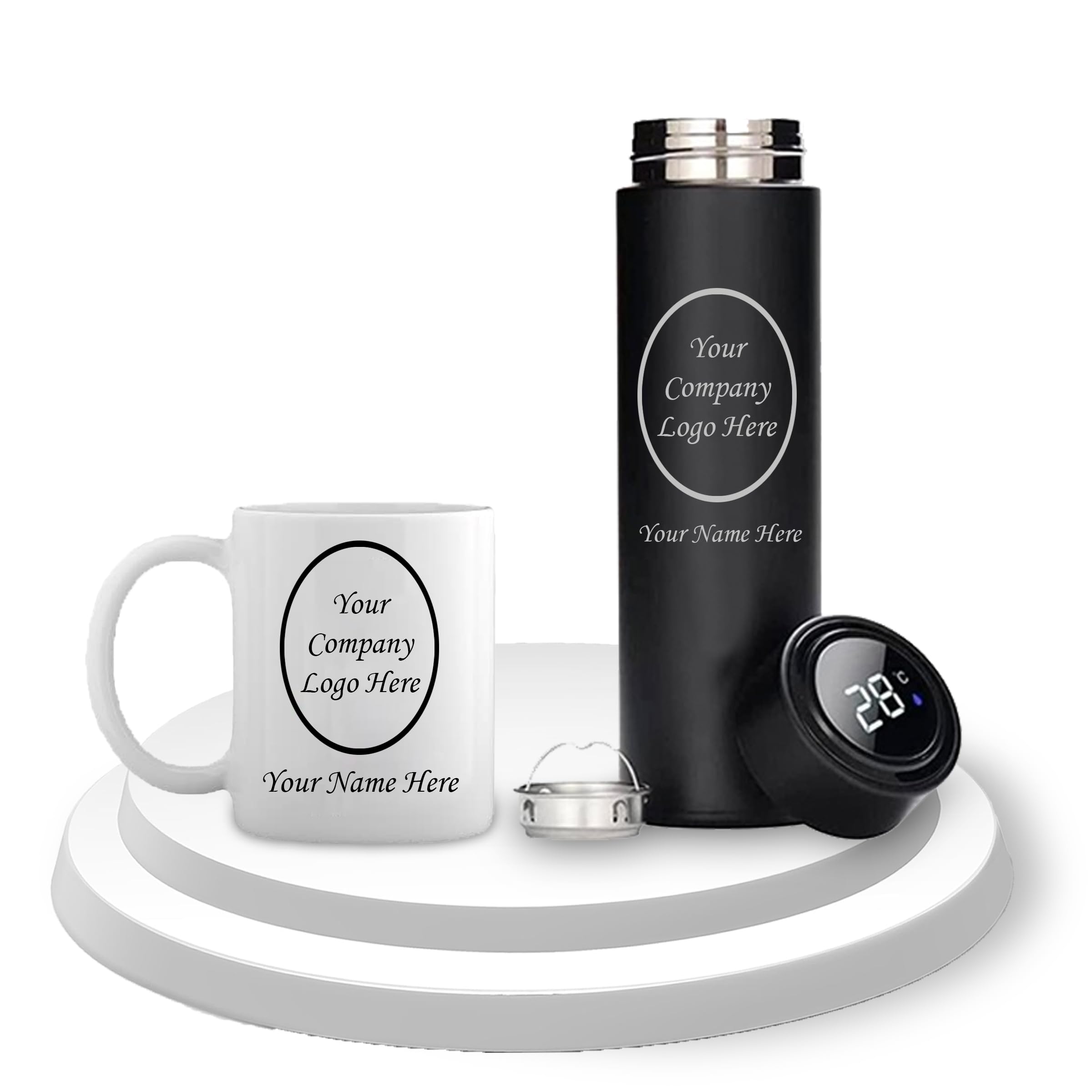 SAVRI Personalized Corporate Gift Set: Black Temp Bottle with Name & Logo,Ceramic Mug with Company Logo - Ideal Corporate Gifts, Custom Office Drinkware,Employee Appreciation,Joining Kit,Diwali Gift.