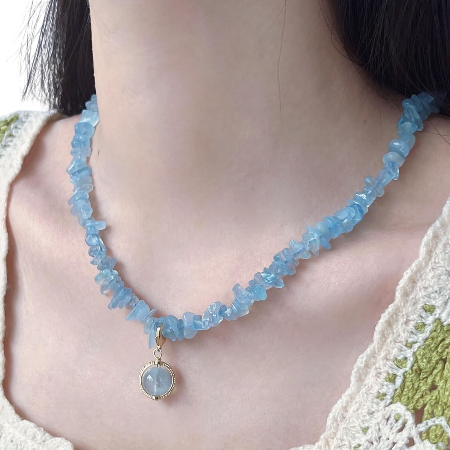 Raw Natural Aquamarine Chips Necklace with Round Aquamarine Bead Pendant, March Birthstone Necklace, Blue Crystal Gemstone Chain, Handmade Energy Healing Crystals Gift for Her (14K Gold Plated)