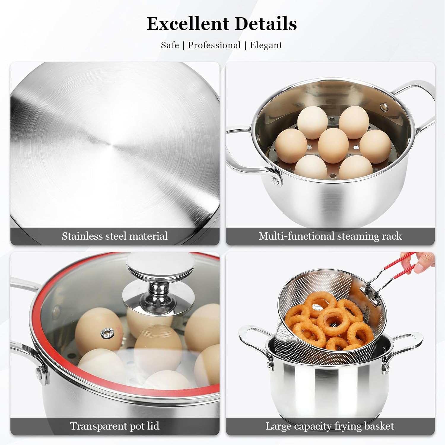 Deep Fryer Pot with Basket, 4.0L/4.2QT 304 Stainless Steel Standard Capacity Multi-function Cooking Pot with Strainer Basket, Anti-scald Handle, Egg Steamer Rack and Lid for Kitchen Camping