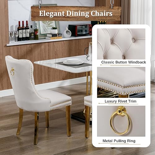 Miniatura 7 de Juego de mesa de comedor de mármol sintético de 70 pulgadas para 6, mesa de comedor de oro blanco con pedestal de acero inoxidable y 6 sillas de