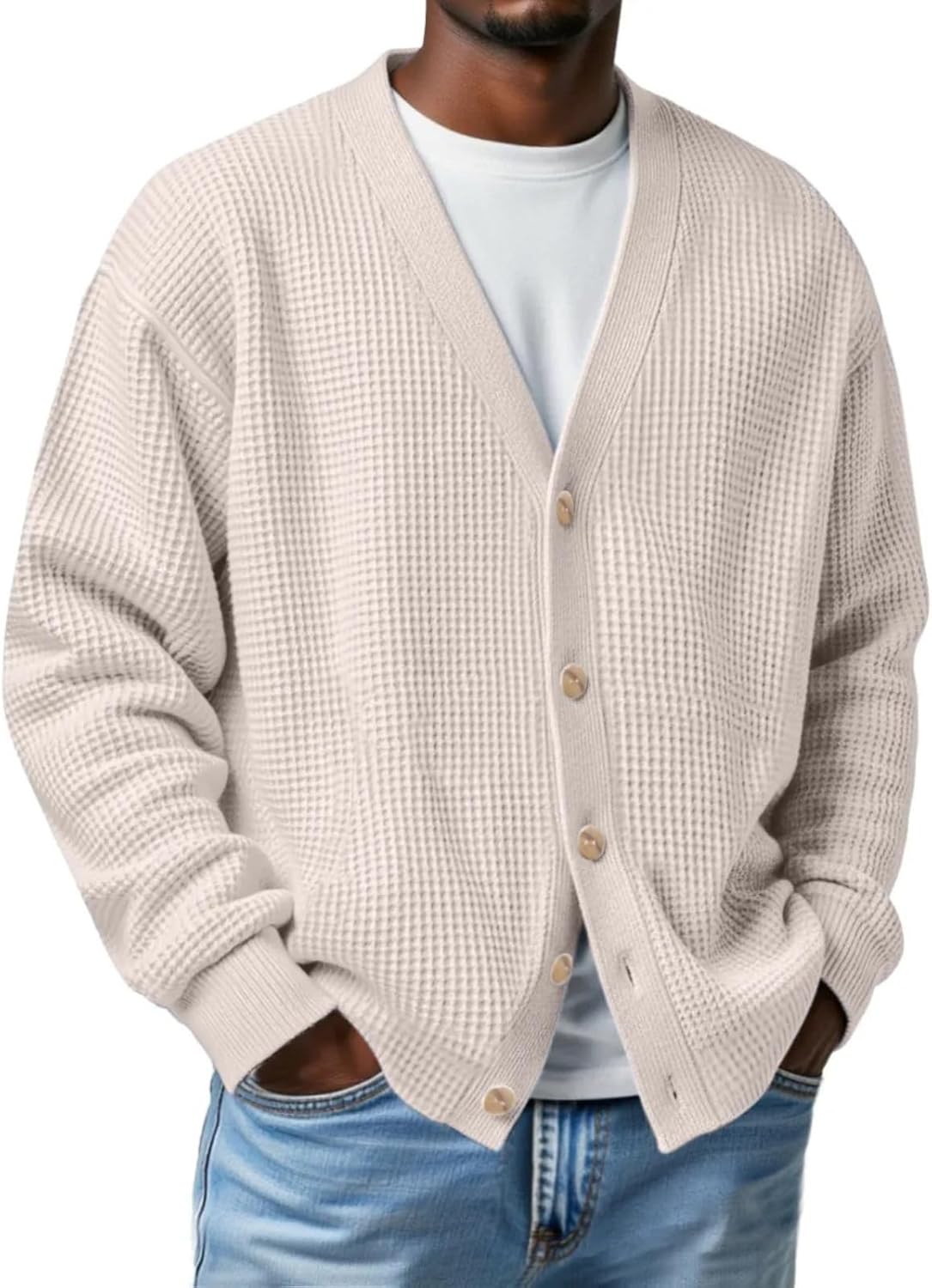 Waffle Knit Long Sleeve Men Cardigan Sweater Lightweight Button up Top Oversized Casual Spring Textured V-Neck Knitted Outfit