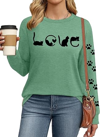 Cat Mom Shirts for Women Cat Mama T-Shirts Pet Lover Gifts Shirts Funny Cat Graphic Tees Shirts Long Sleeve