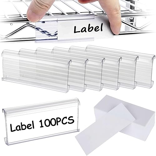 Acrux7 100 soportes para etiquetas de estante de alambre, 3 clips de etiquetas de plástico para estantes de 1.4 pulgadas con papel de etiqueta,