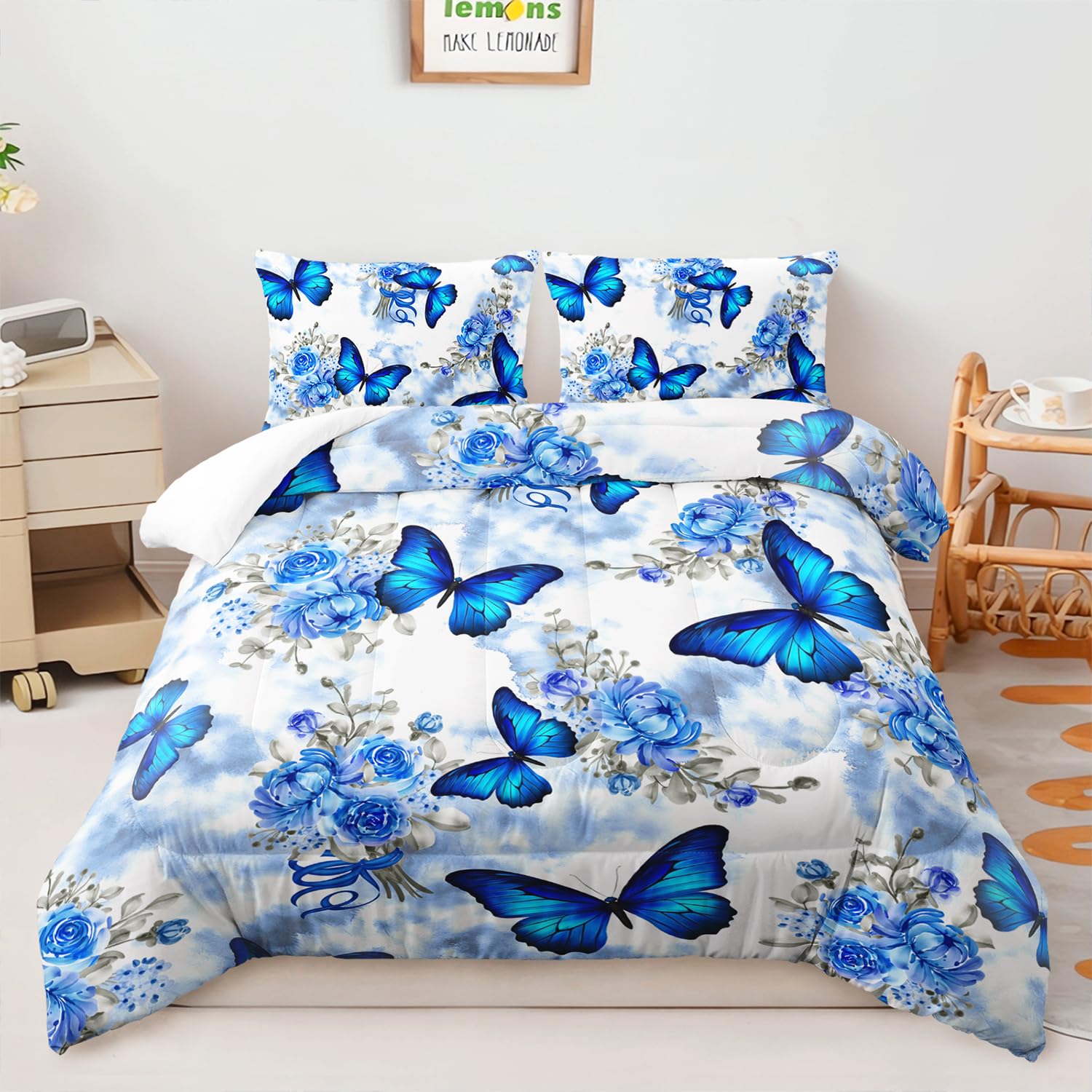 ( Similar) AILONEN Blue Butterfly Comforter Set for Girls,Tie Dye Floral Butterfly Bedding Set Queen Size,Soft Microfiber Kids Women 3-Piece,1 Comforter with 2 Pillowcases (Butterfly Decor,Queen)