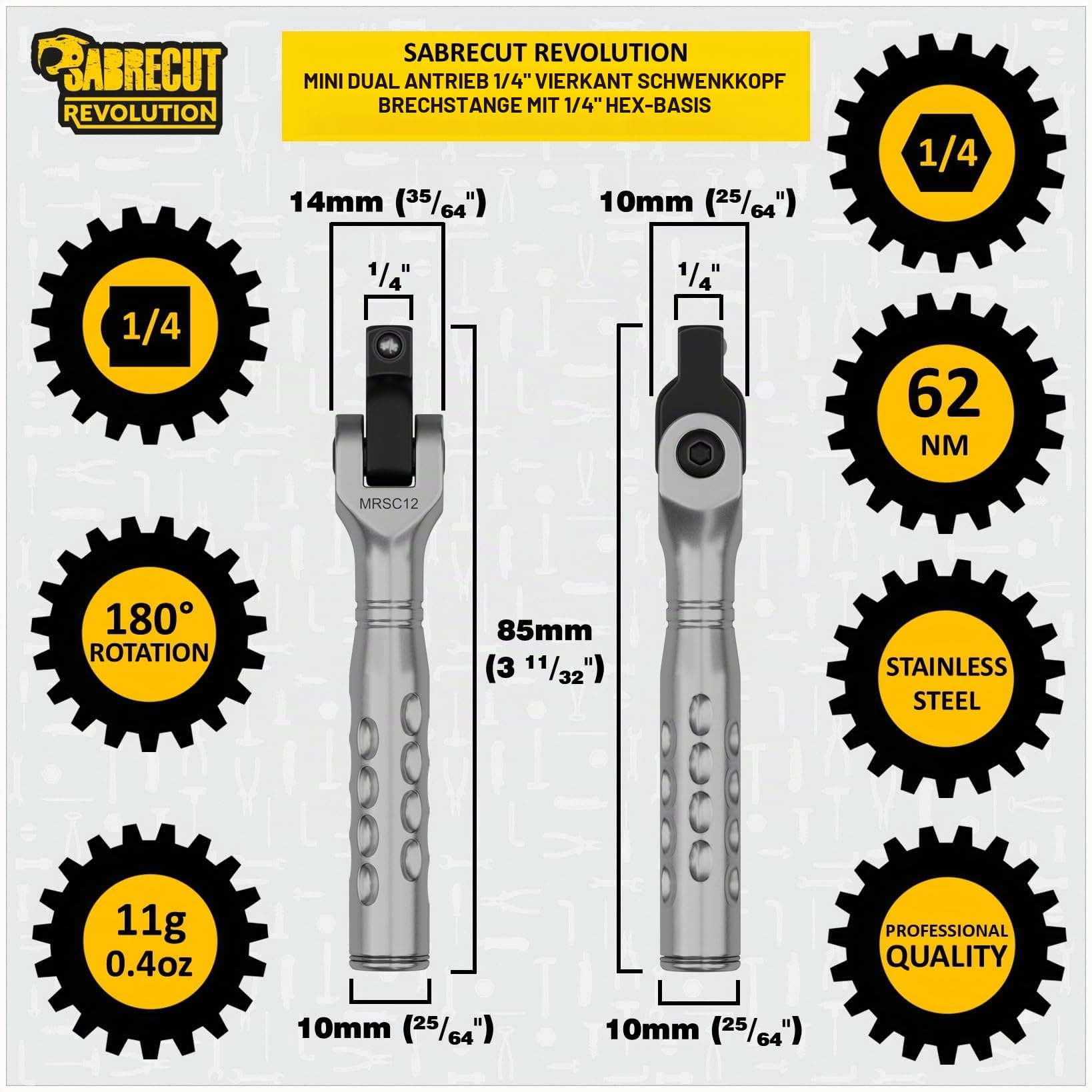 SabreCut 1 x MRSC12 Mini Dual Drive Compact 1/4" Vierkant-Drehkopf-Brecherstange mit Sechskantbasis – gerändelter, rutschfester Griff, 180-Grad-Schwenkkopf-Federverriegelungssystem