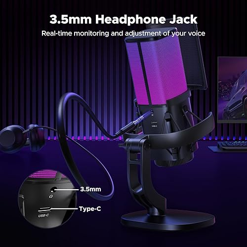 Miniatura 7 de UGREEN Micrófono para juegos, micrófono para PC de 24 bits96 kHz, con silencio rápido, filtro pop, soporte de choque, perilla de volumen, patrón